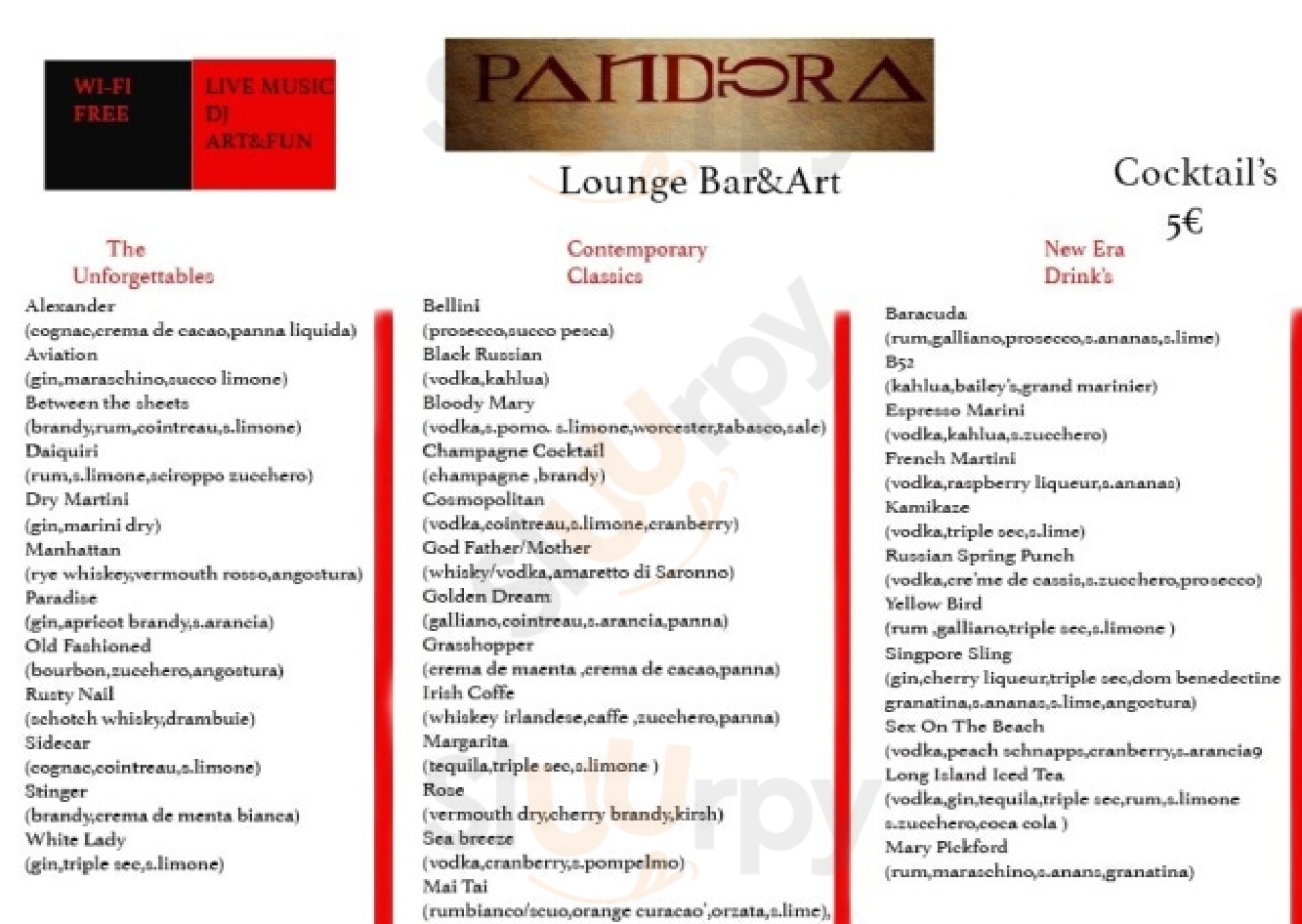 Pandora Emotional Cafe Pisa menù 1 pagina