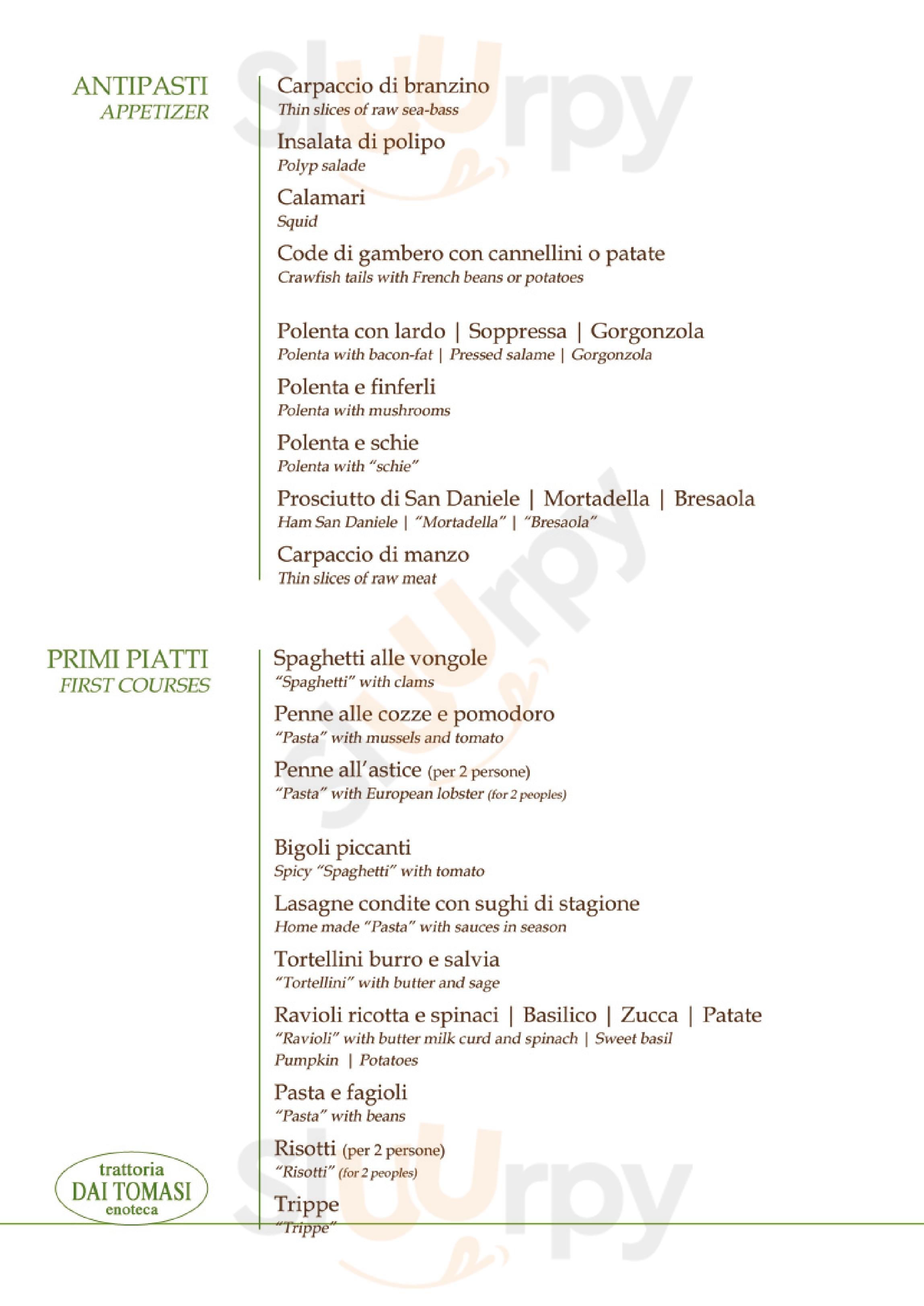 Trattoria Dai Tomasi Lavagno menù 1 pagina