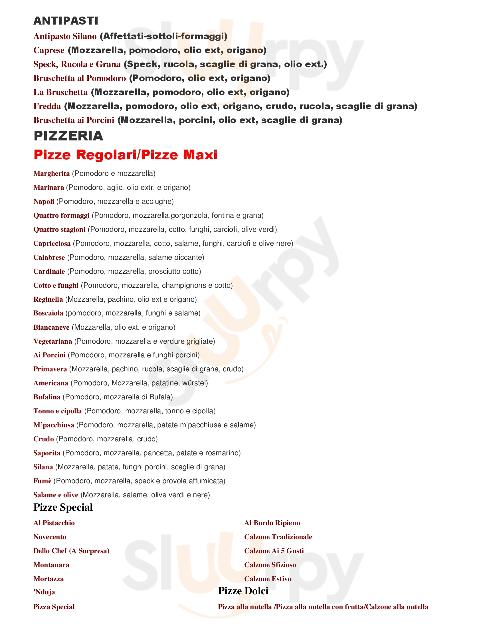 Pizzeria Novecento Spezzano Piccolo menù 1 pagina