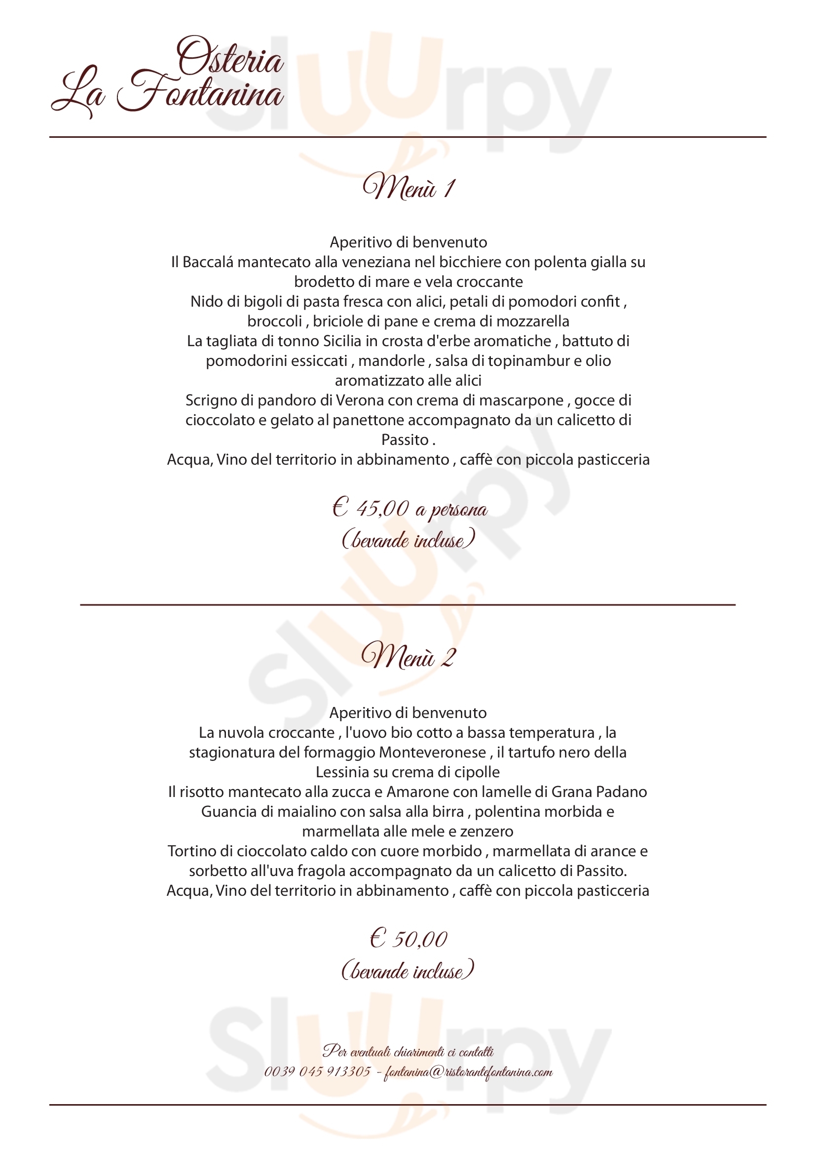 Osteria La Fontanina Verona menù 1 pagina