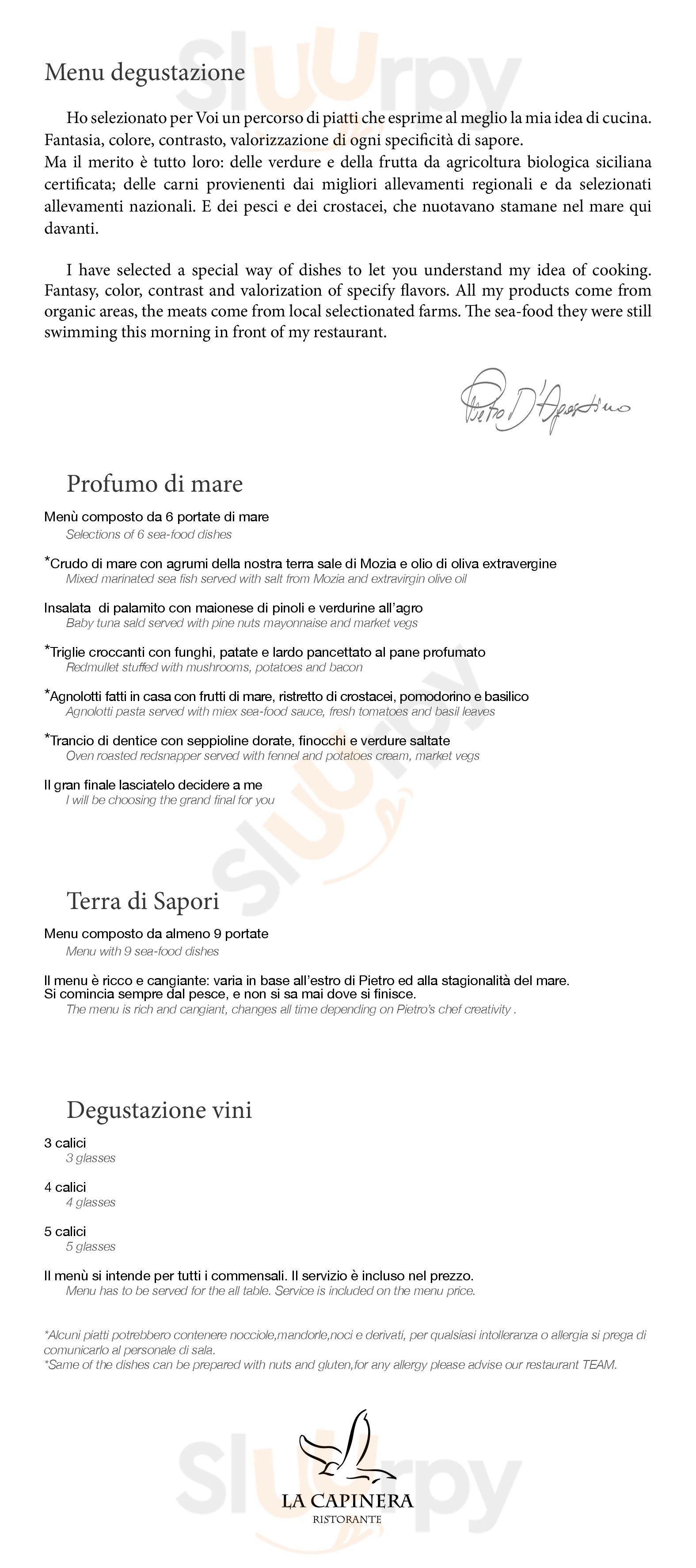 La Capinera Taormina menù 1 pagina