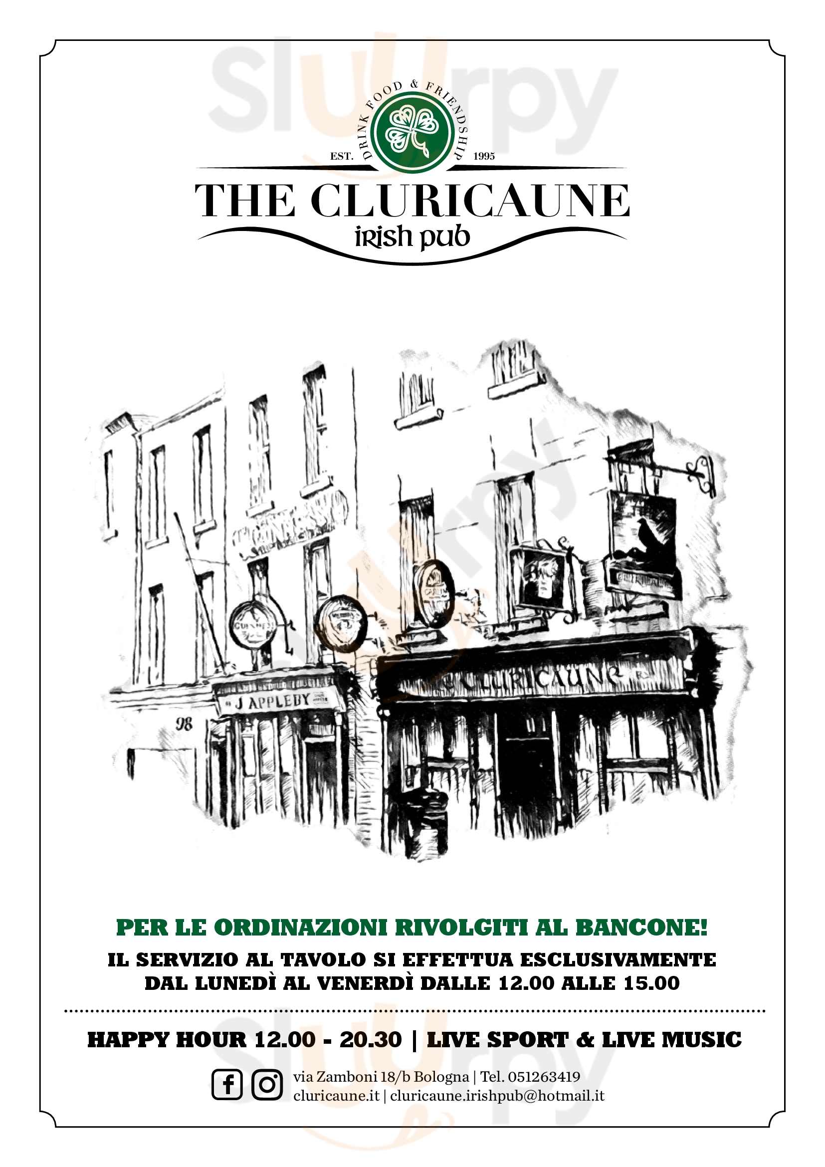THE CLURICAUNE IRISH PUB Bologna menù 1 pagina