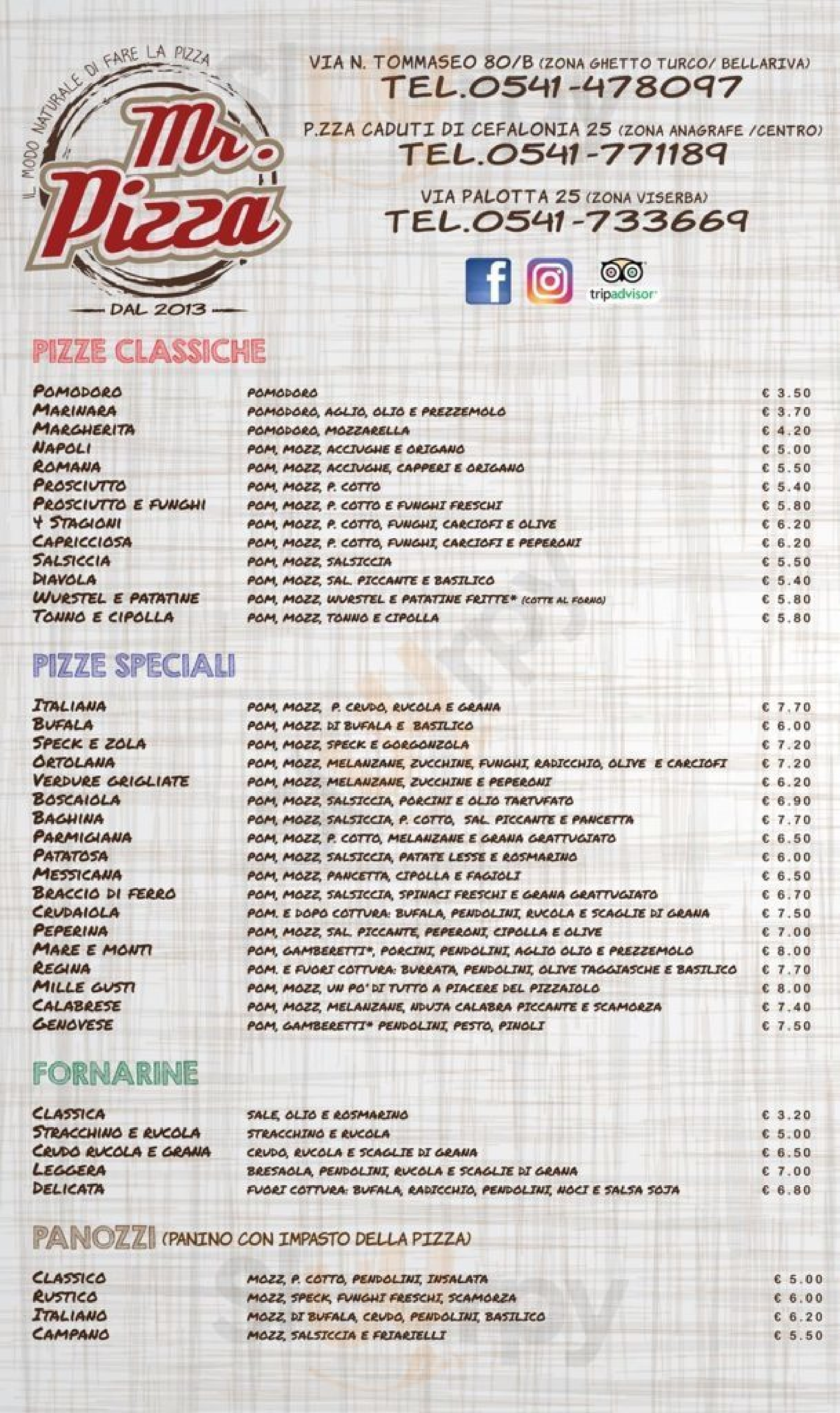 Mister Pizza  Rimini menù 1 pagina