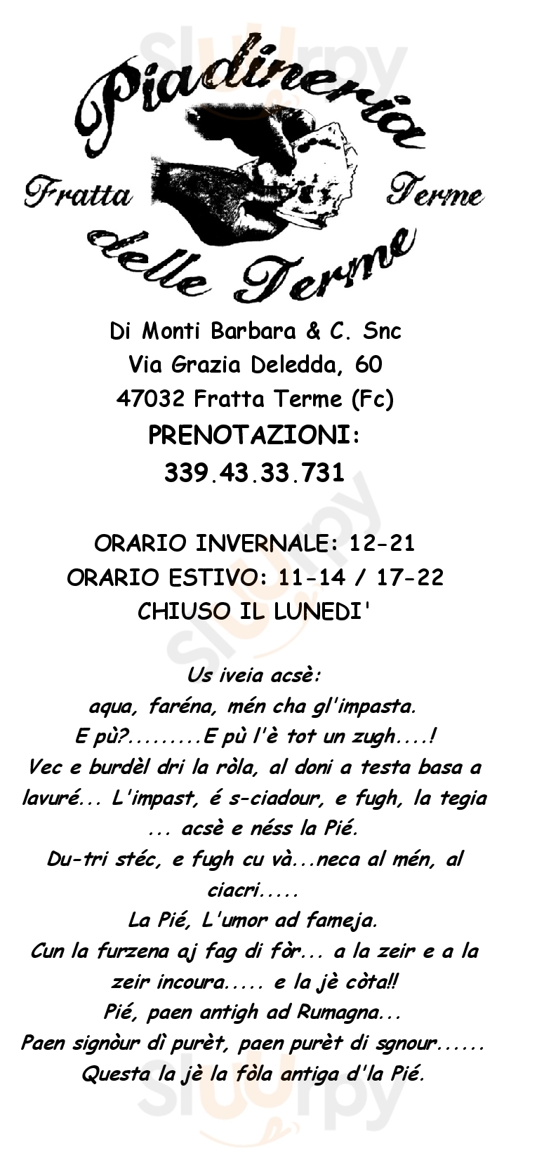 Piadineria delle Terme Bertinoro menù 1 pagina