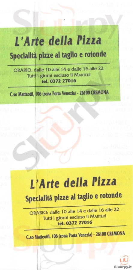 L'ARTE DELLA PIZZA Cremona menù 1 pagina