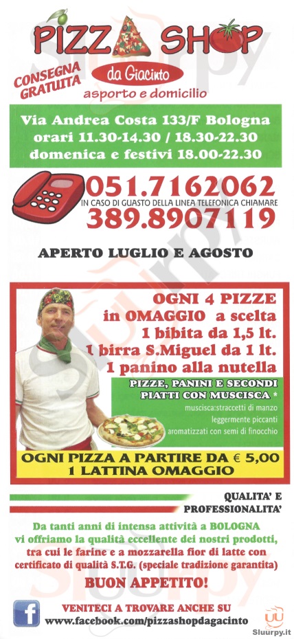PIZZA SHOP Bologna menù 1 pagina