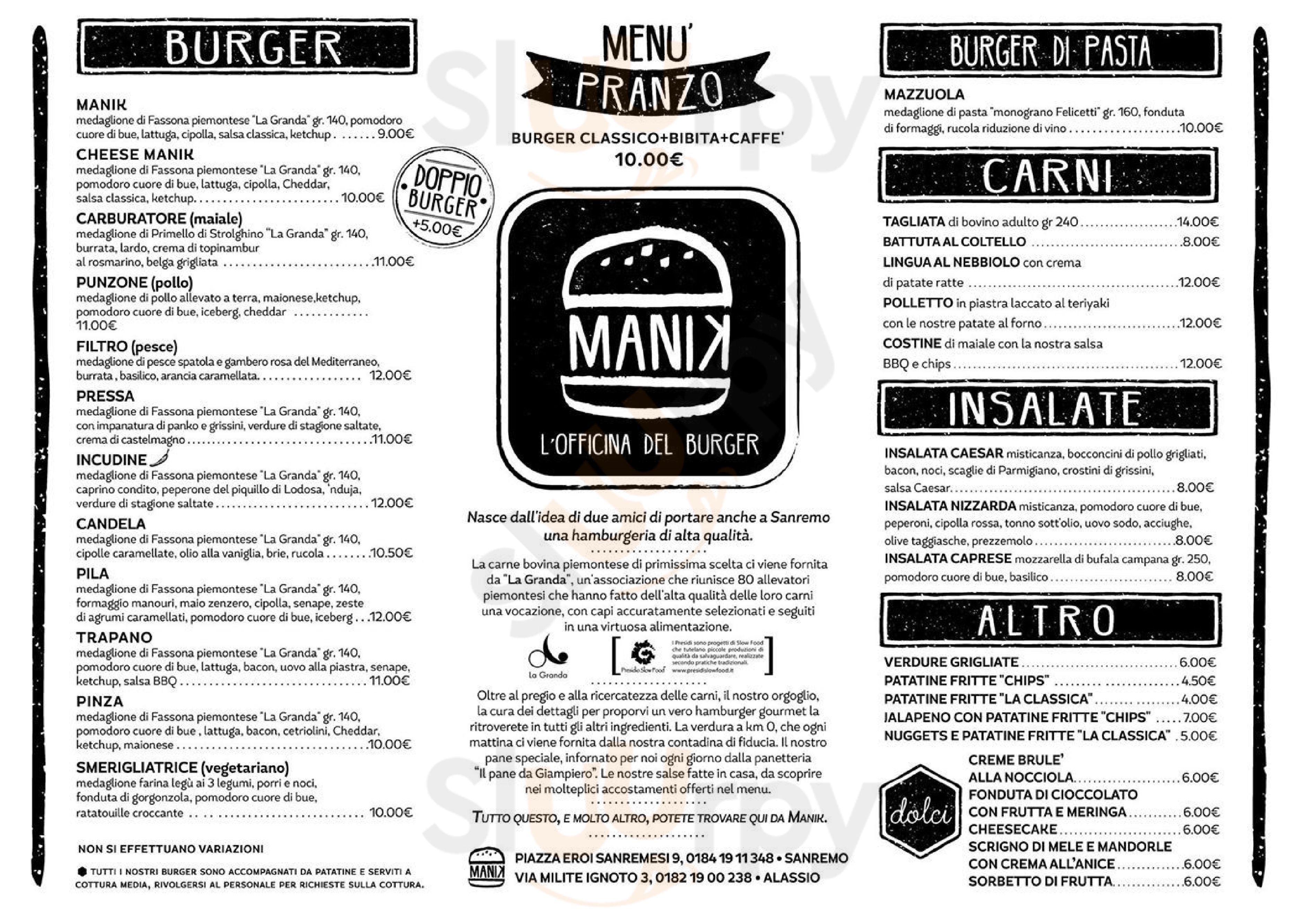 Manik - L'Officina del Burger Sanremo menù 1 pagina