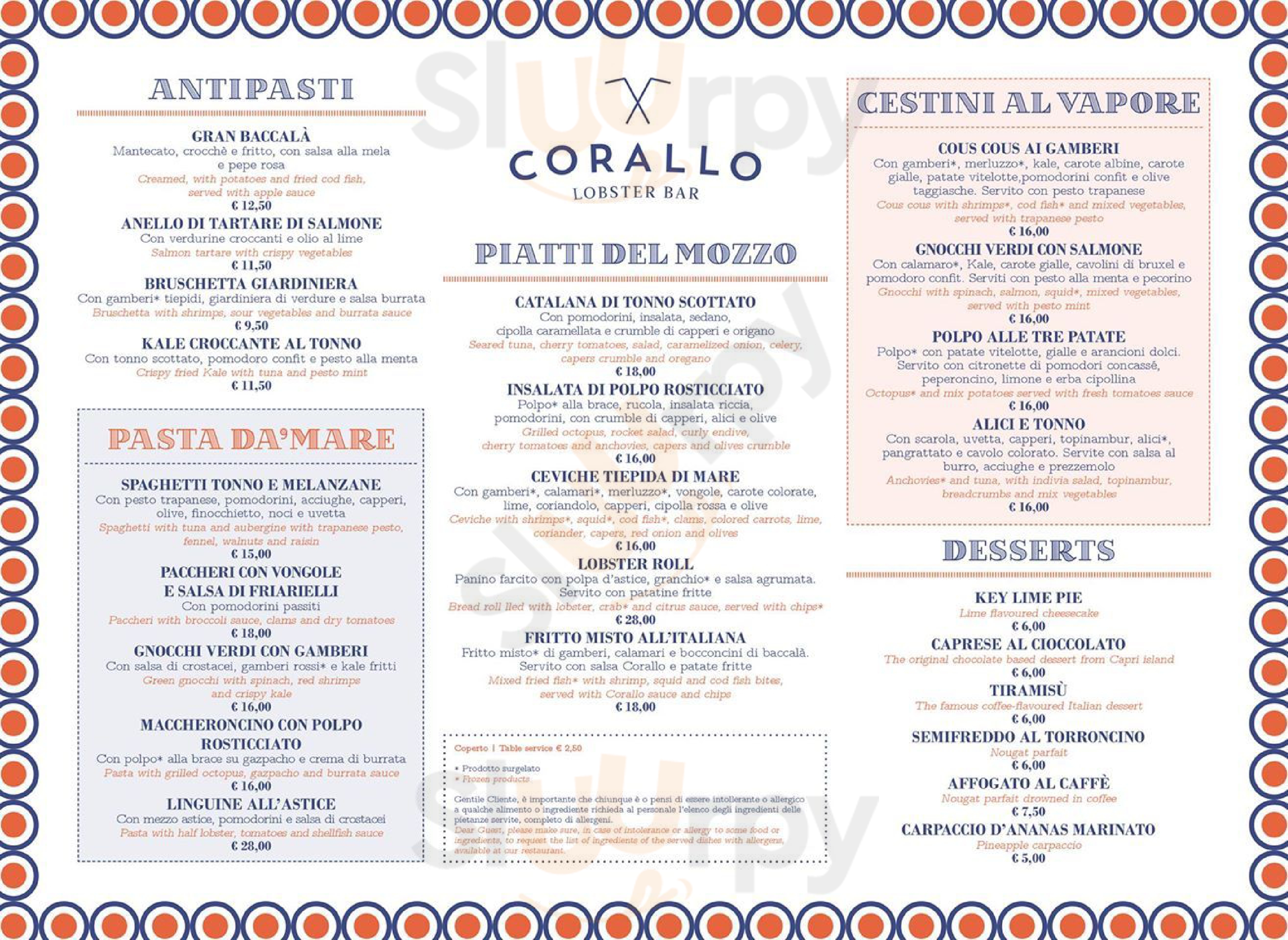 Corallo Lobster Bar Milano menù 1 pagina