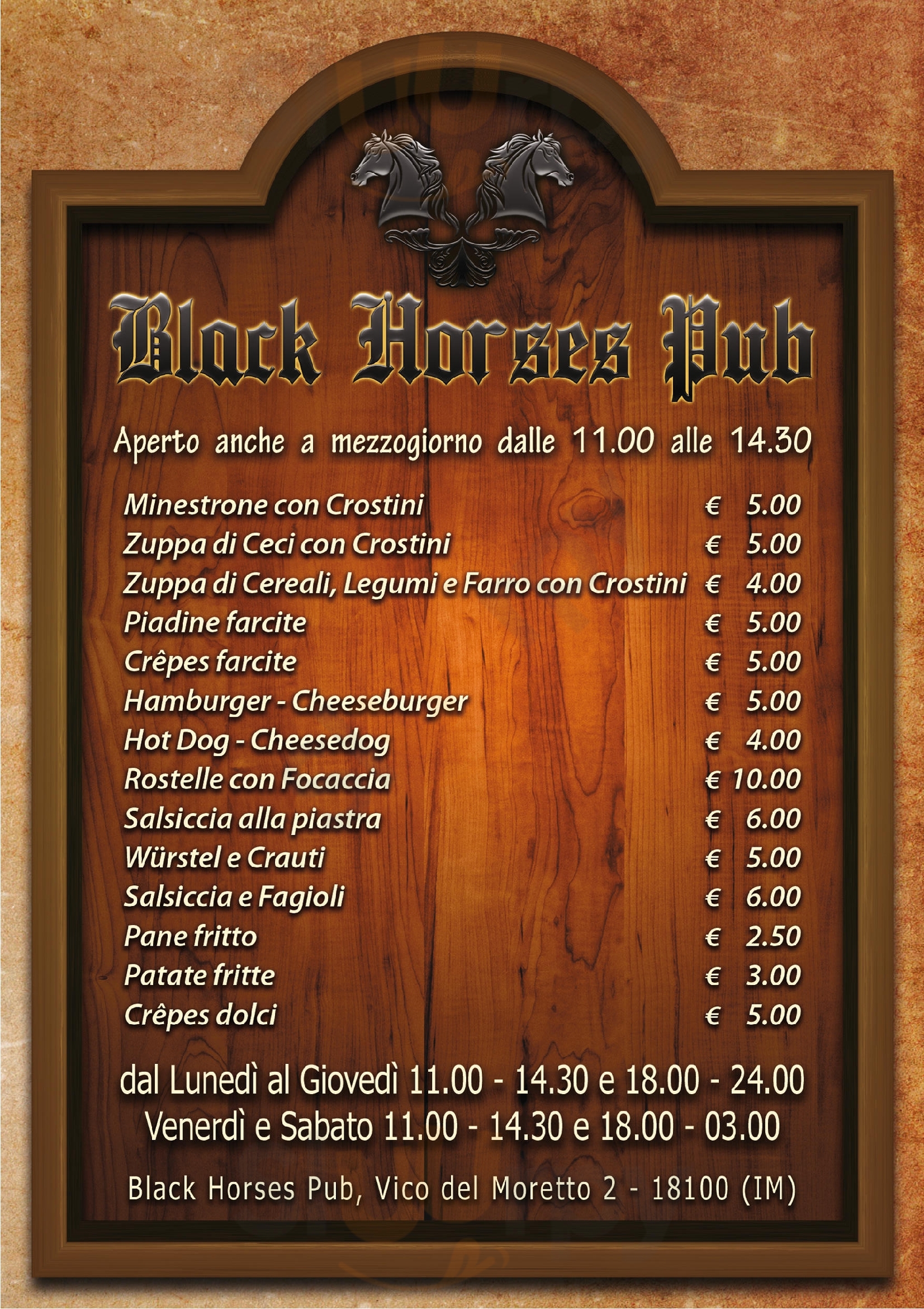 Black Horses Pub Imperia menù 1 pagina