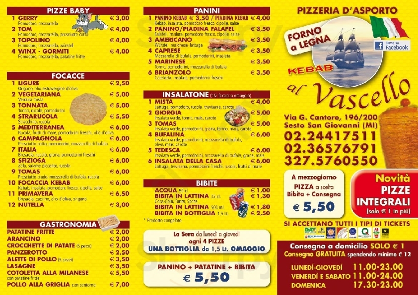 Pizzeria al Vascello Sesto San Giovanni menù 1 pagina