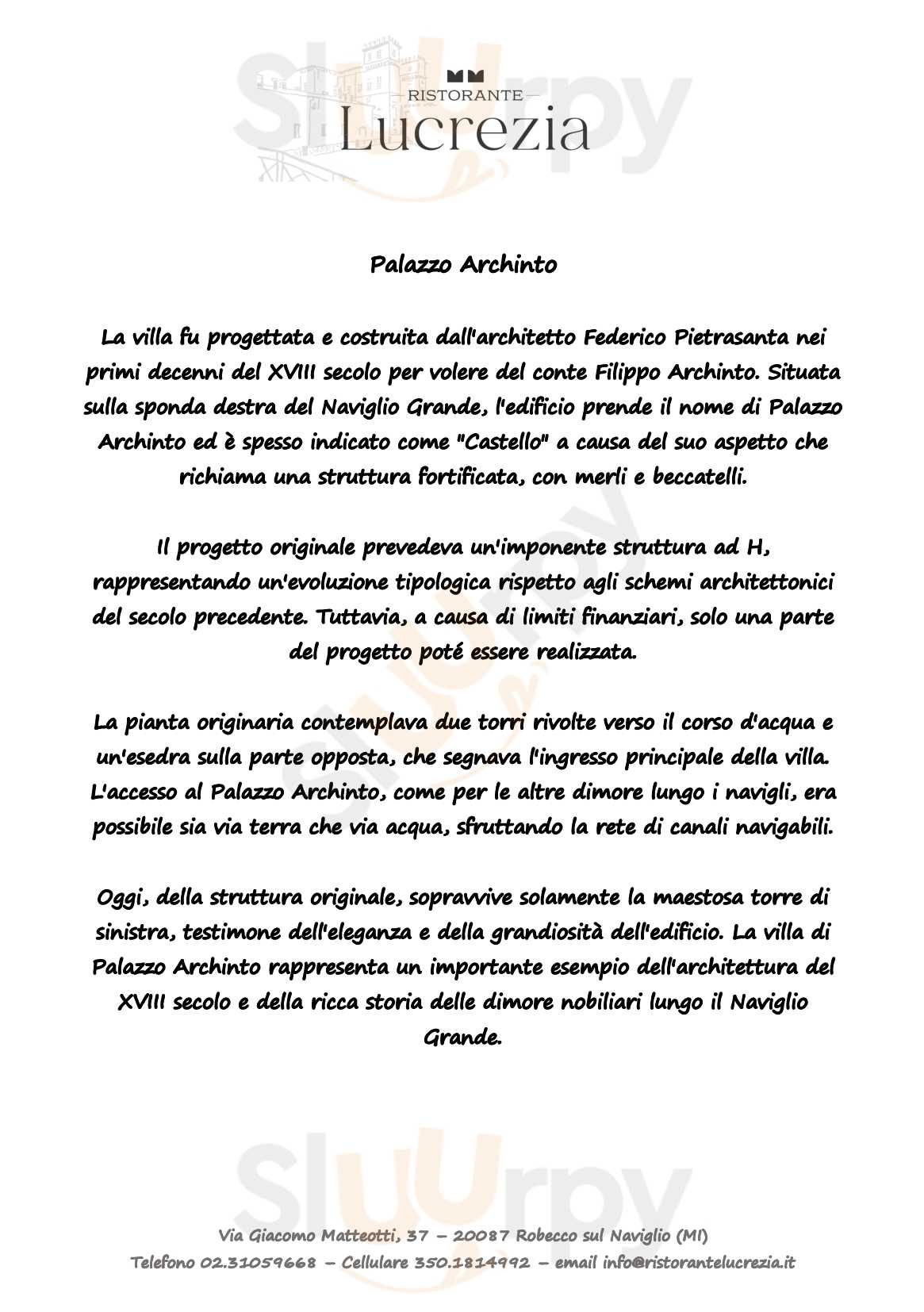 Palazzo Archinto Robecco sul Naviglio menù 1 pagina