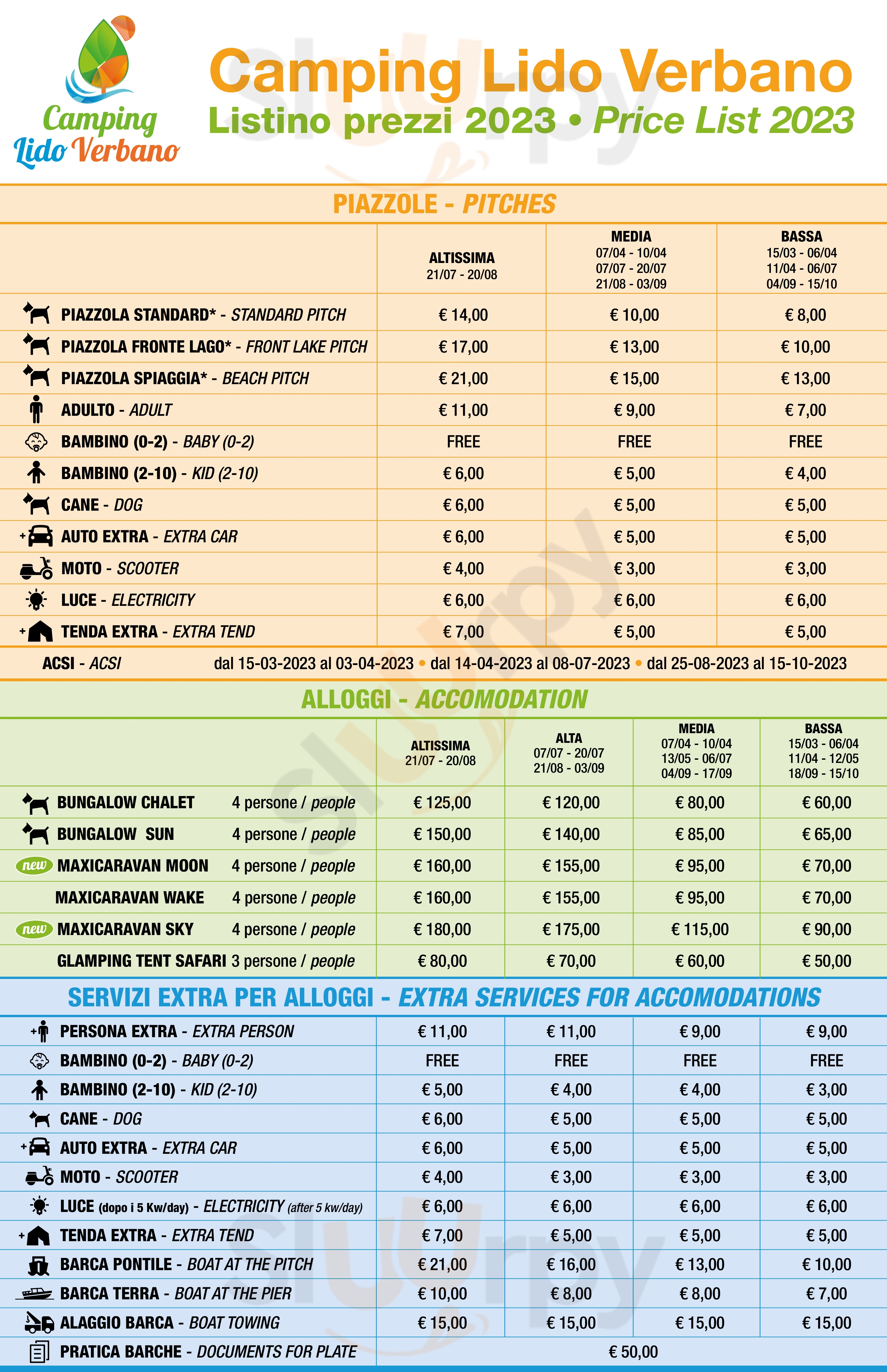 Campeggio Lido Verbano Castelletto sopra Ticino menù 1 pagina