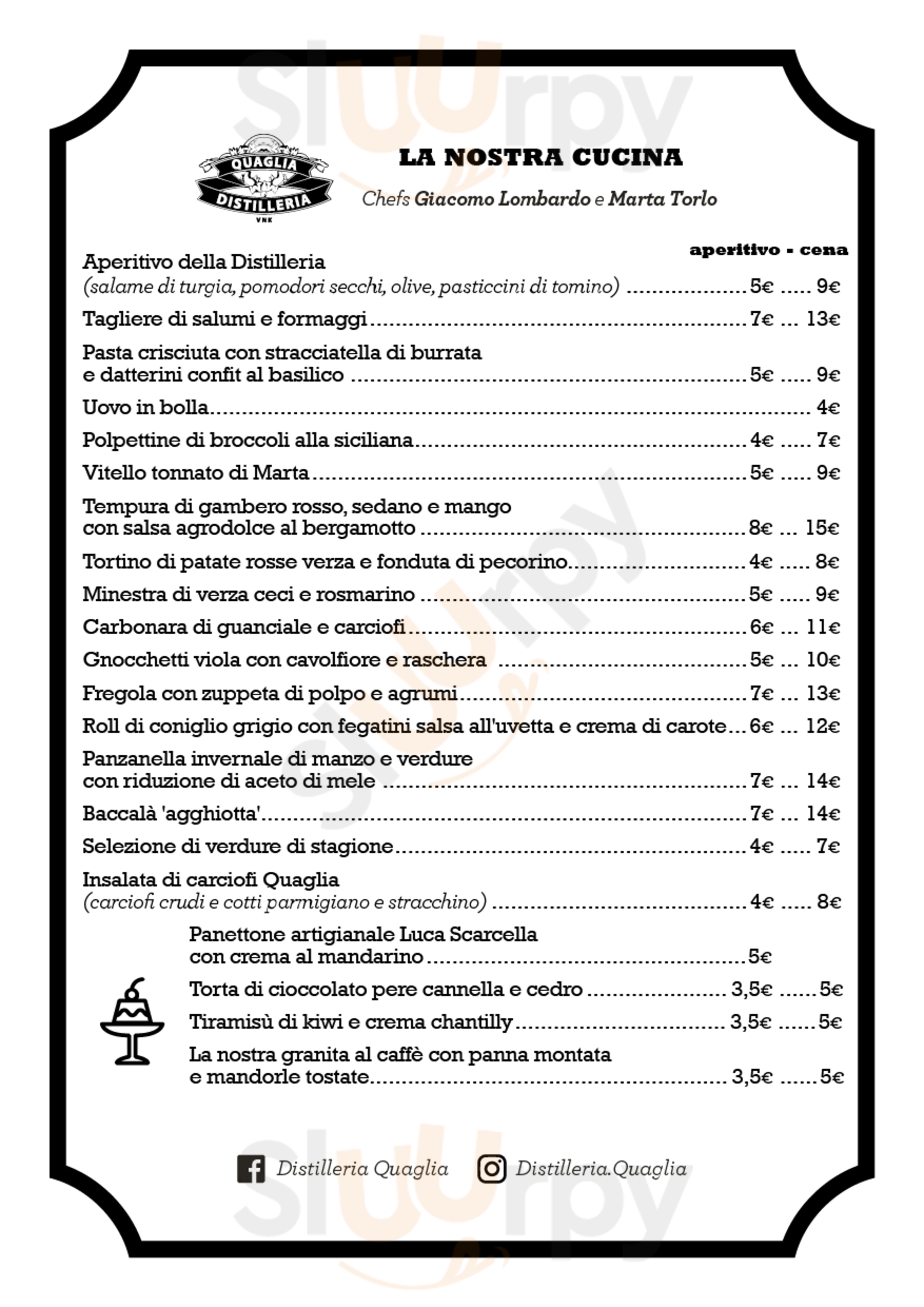 Distilleria Quaglia Torino menù 1 pagina
