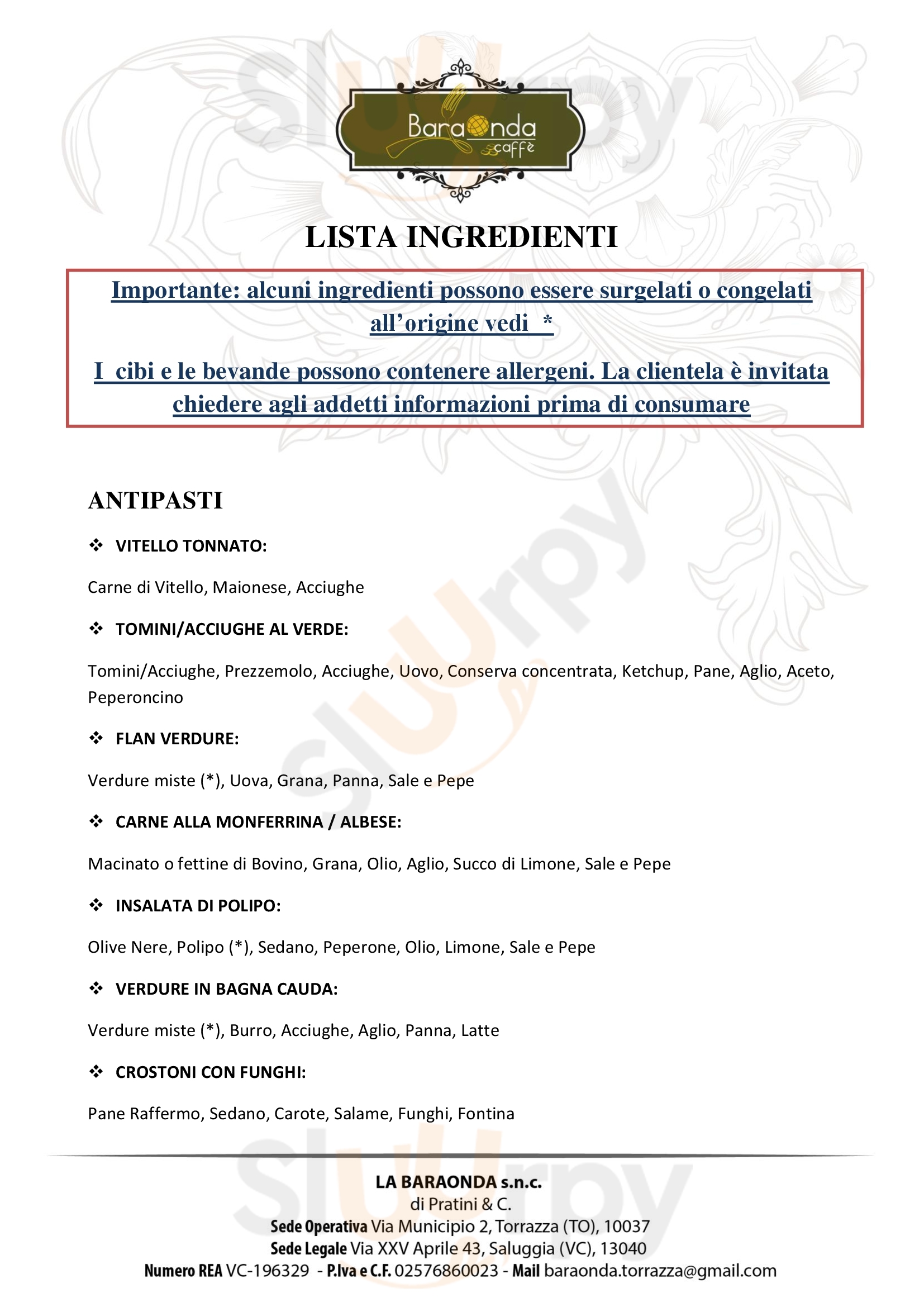 La Baraonda SNC Torrazza Piemonte menù 1 pagina