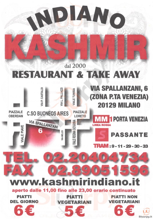 KASHMIR Milano menù 1 pagina