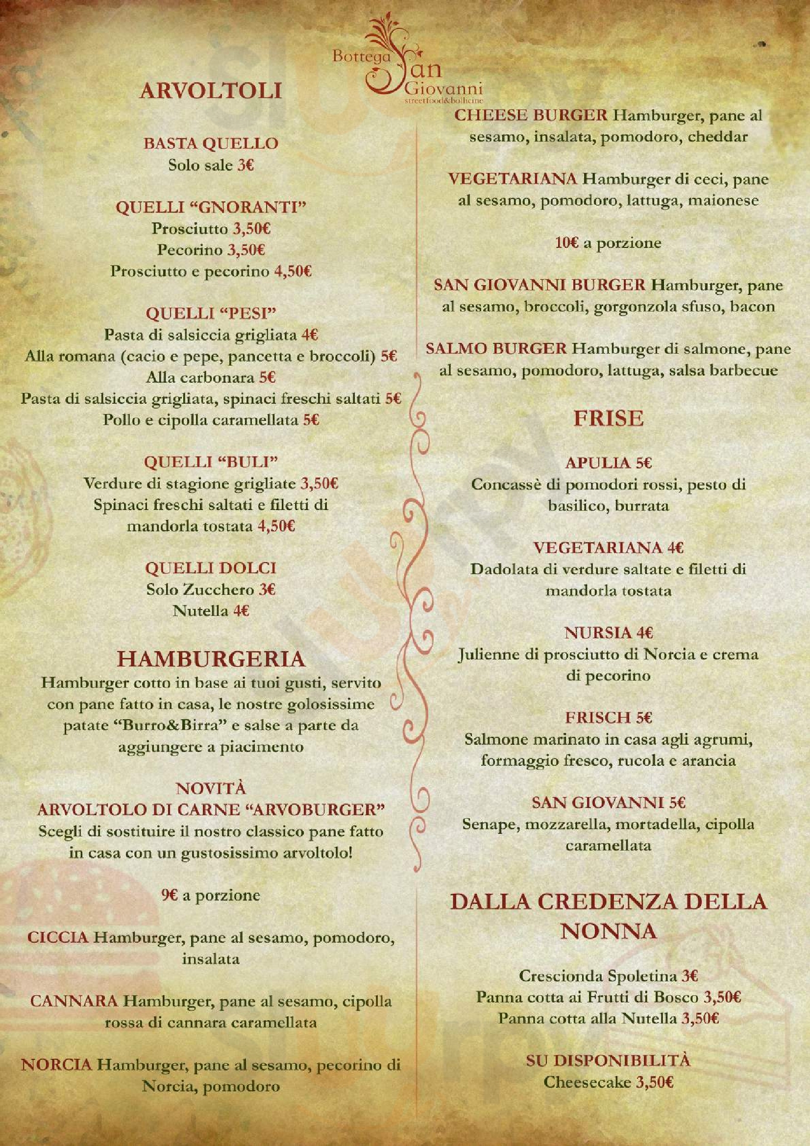 Bottega San Giovanni Perugia menù 1 pagina