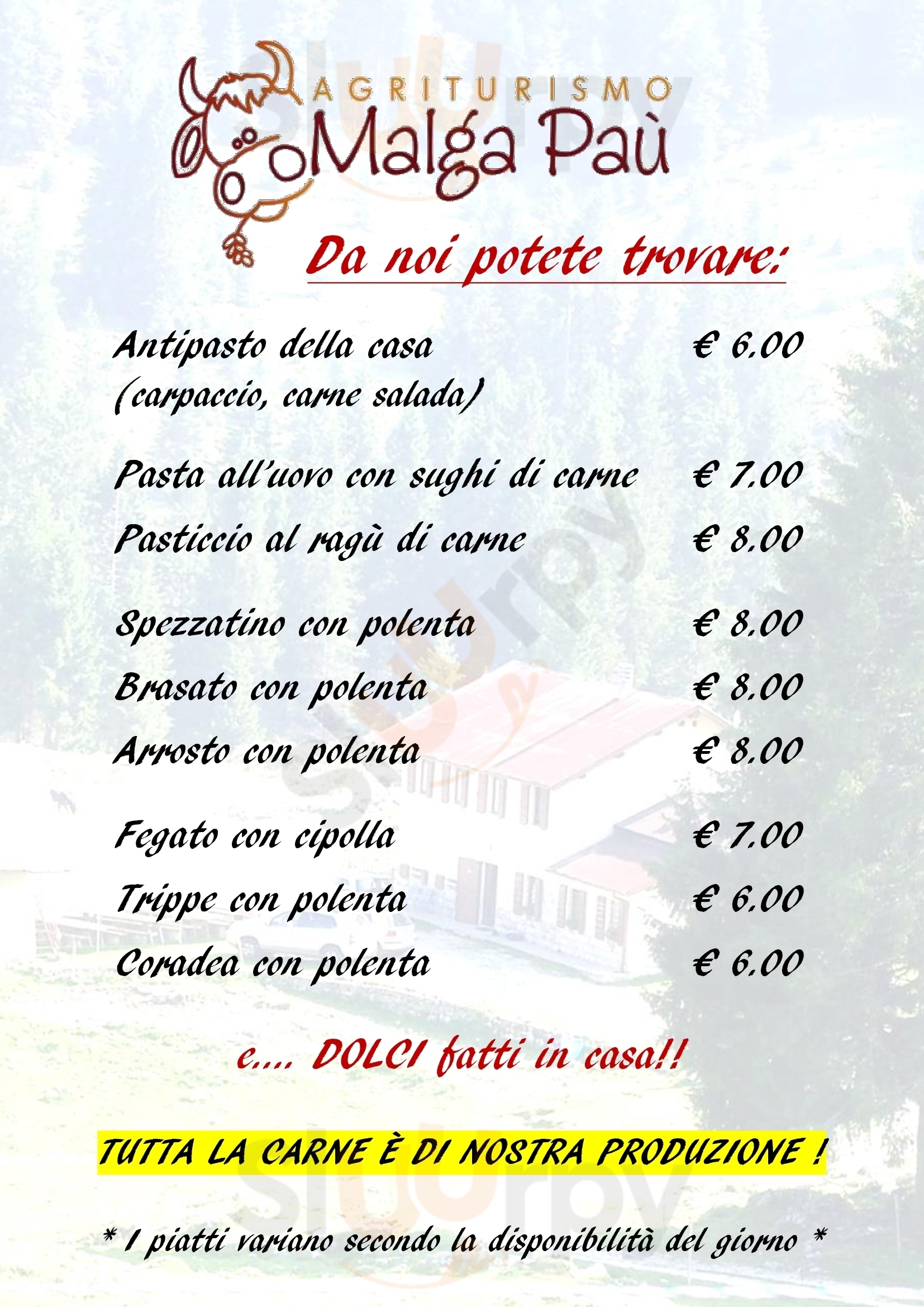 Agriturismo Malga Pau Cesuna di Roana menù 1 pagina