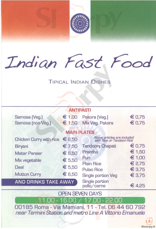 INDIAN FAST FOOD Roma menù 1 pagina