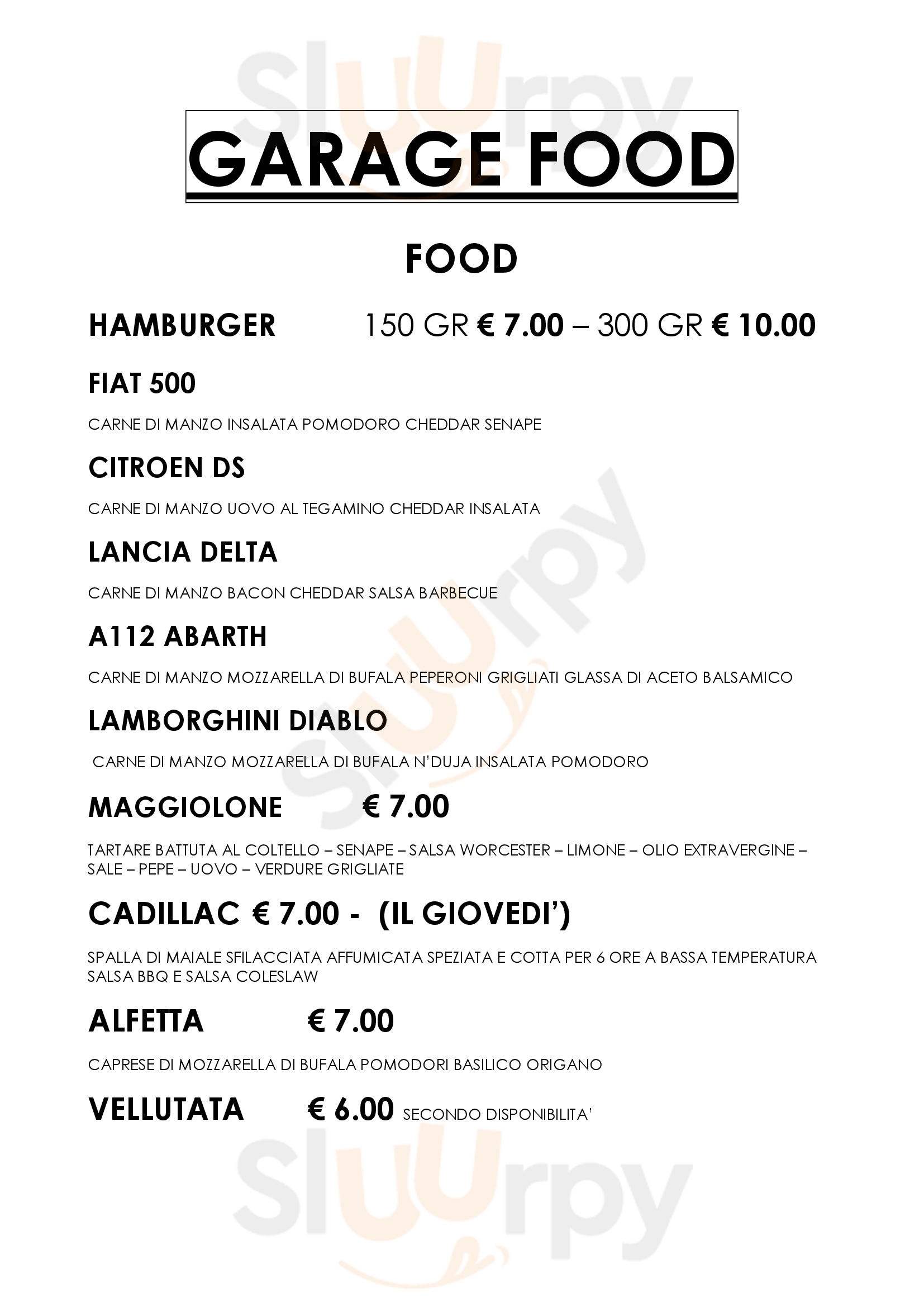 Garage Food Ciserano menù 1 pagina