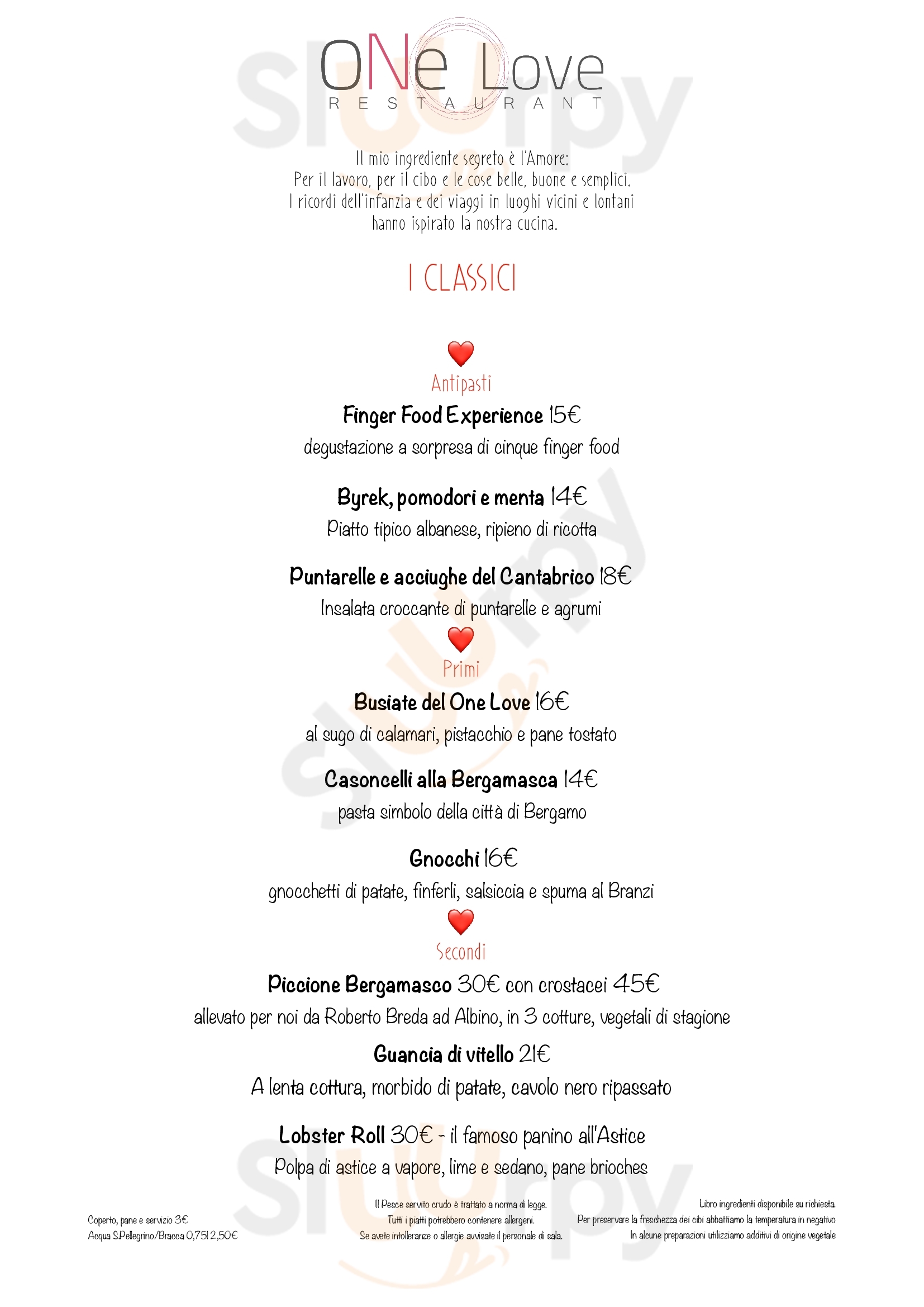 One Love Restaurant Bergamo menù 1 pagina