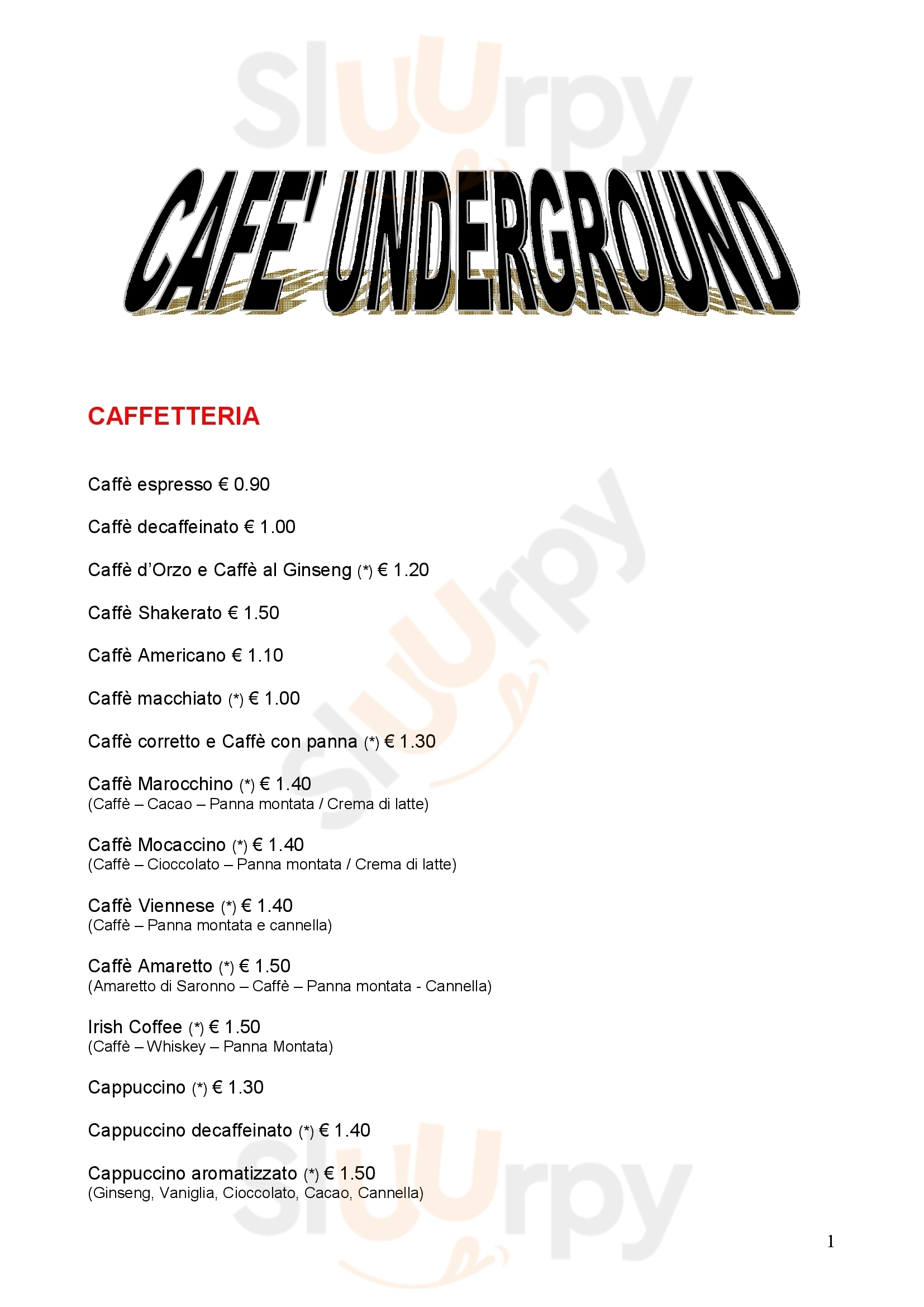 Cafe Underground Villasor menù 1 pagina