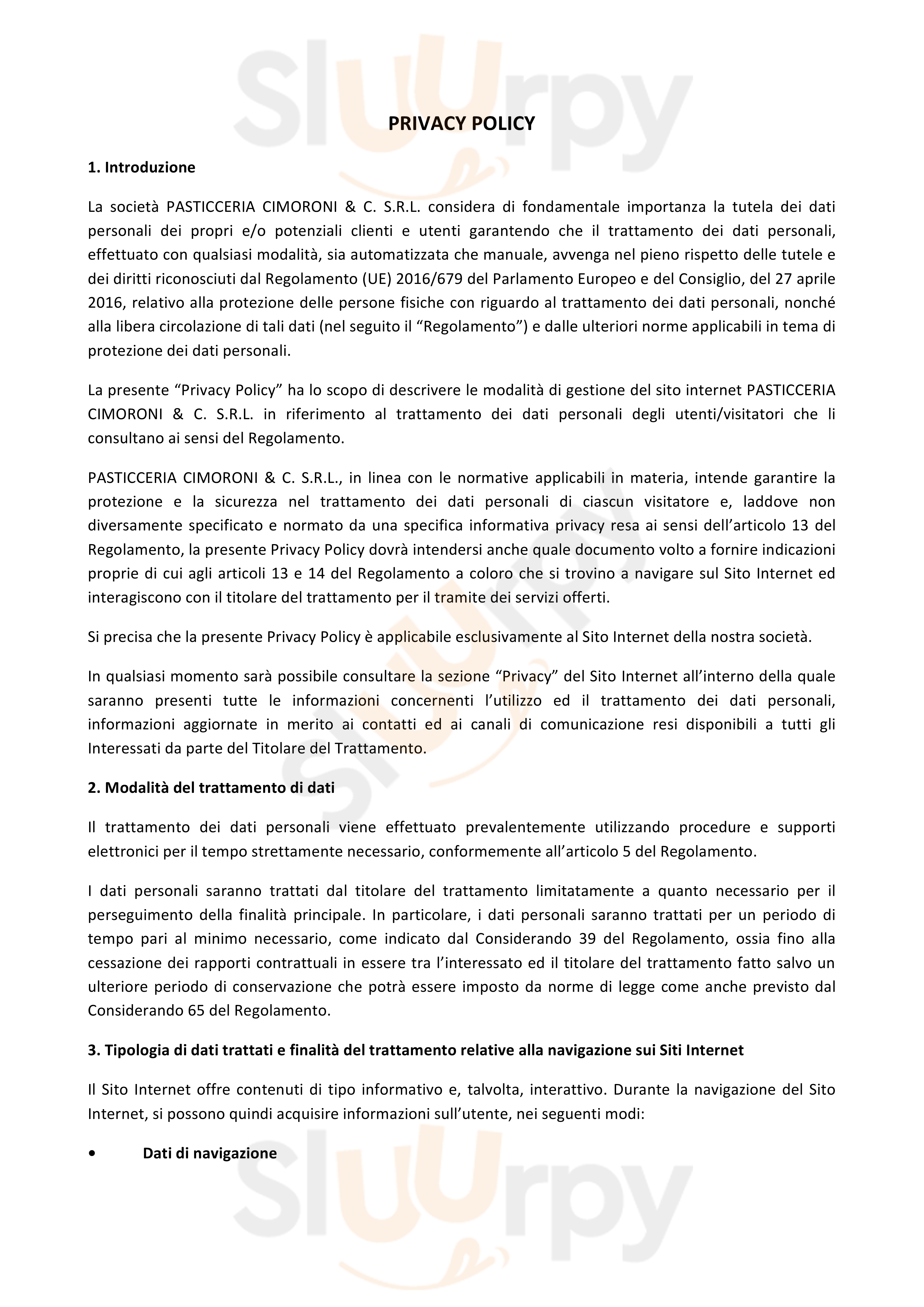 Pasticceria Cimoroni Genzano di Roma menù 1 pagina