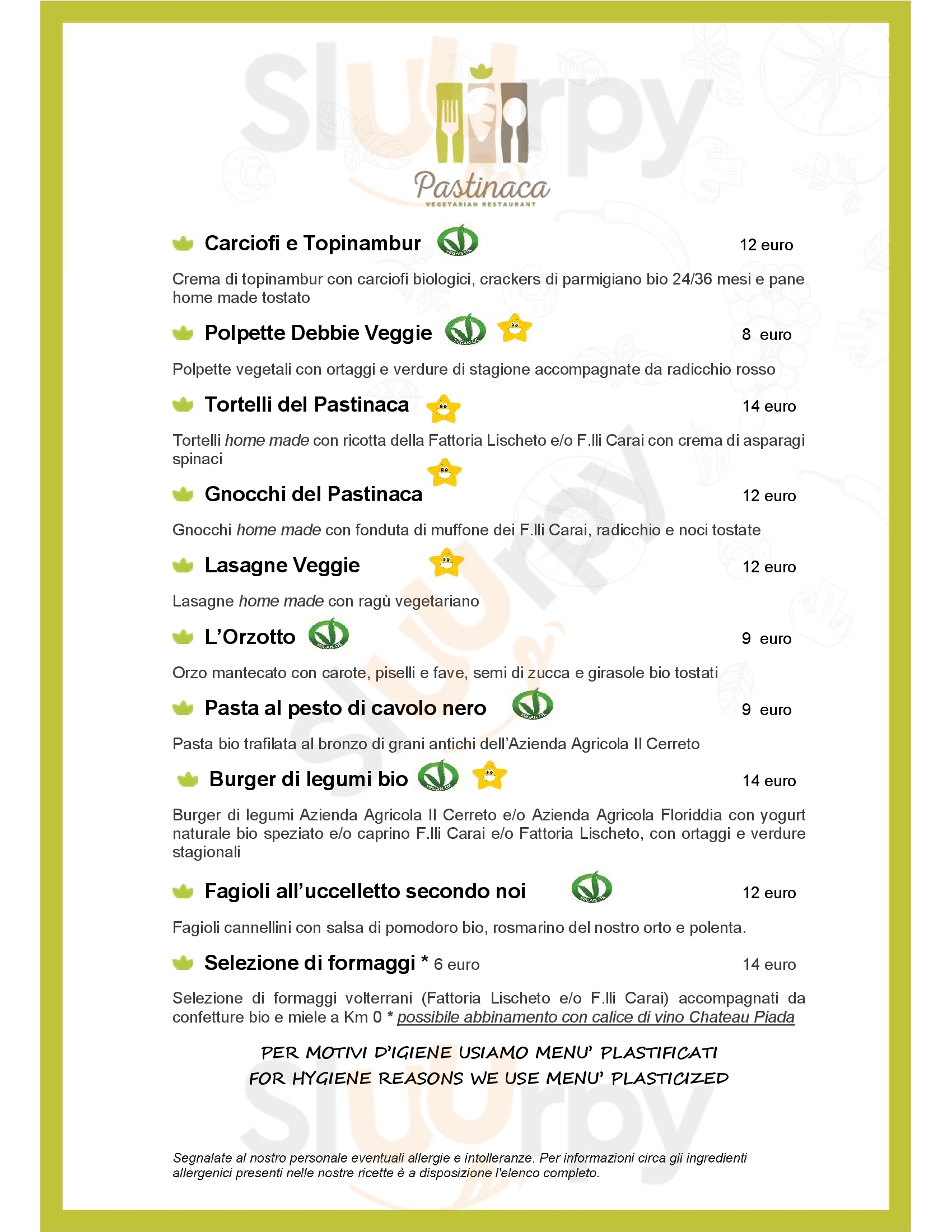 Pastinaca Vegetarian Restaurant Volterra menù 1 pagina