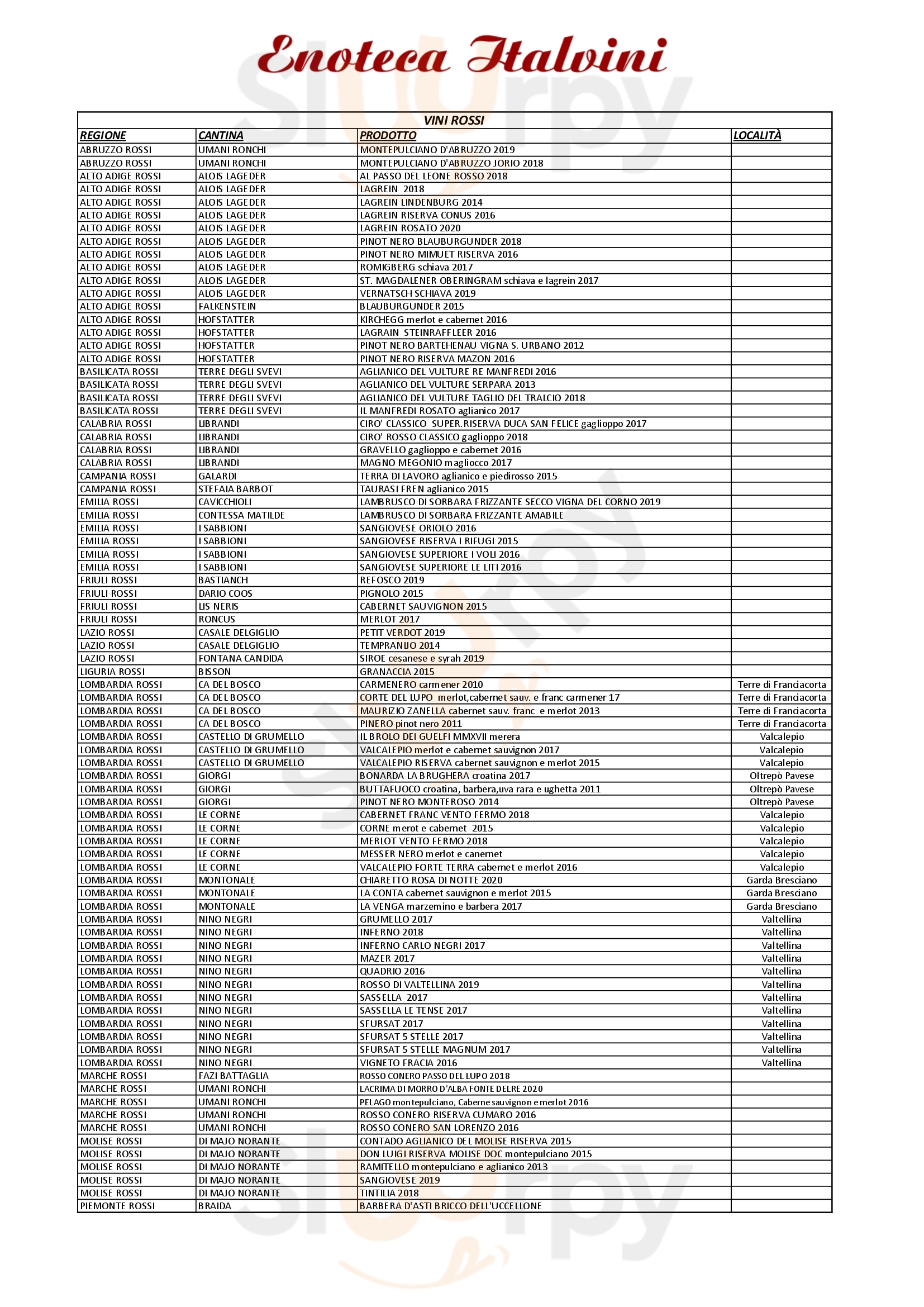 Enoteca Italvini Nembro menù 1 pagina