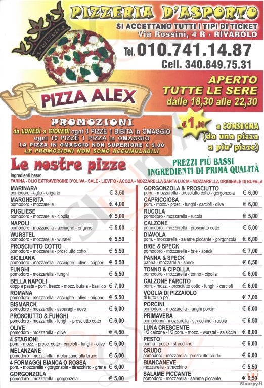 PIZZA ALEX Genova menù 1 pagina