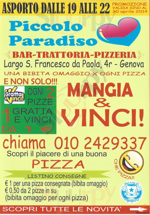 PICCOLO PARADISO Genova menù 1 pagina