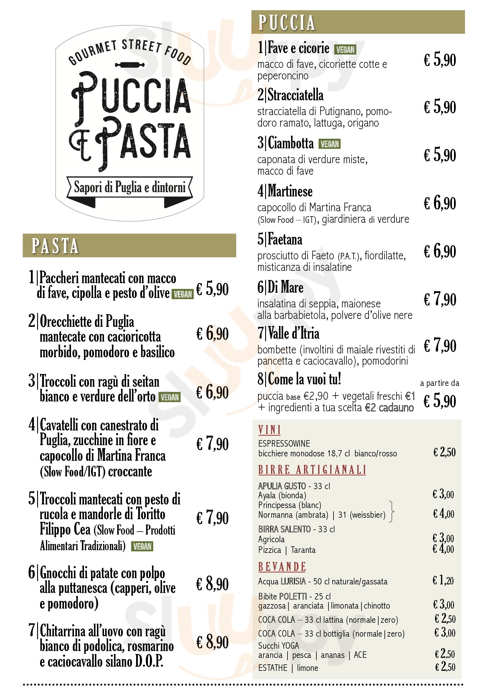 Puccia&Pasta Milano menù 1 pagina