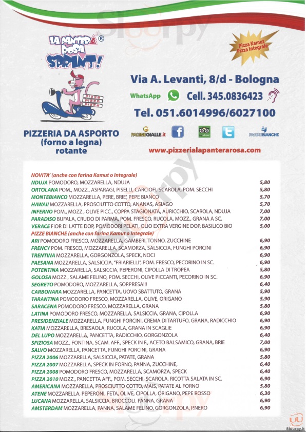 LA PANTERA ROSA SPRINT Bologna menù 1 pagina