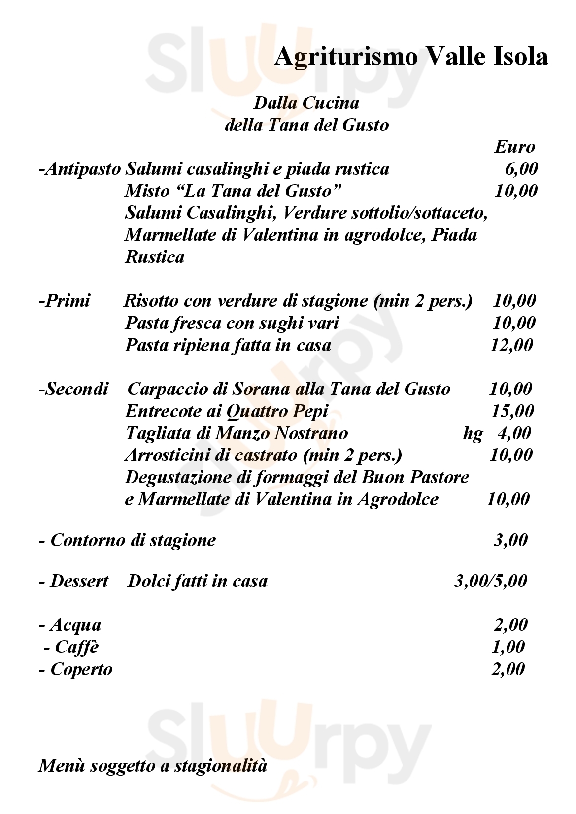 Agriturismo Valle Isola La Tana del Gusto Comacchio menù 1 pagina