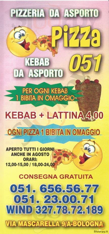 Pizza 051 Bologna menù 1 pagina