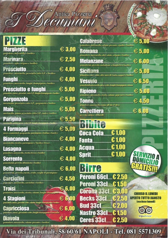 Pizzeria I Decumani Napoli menù 1 pagina