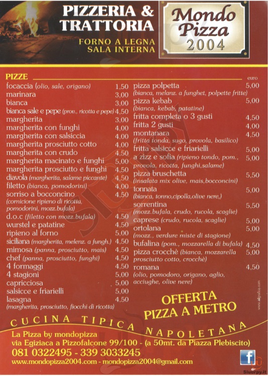 MONDO PIZZA 2004 Napoli menù 1 pagina