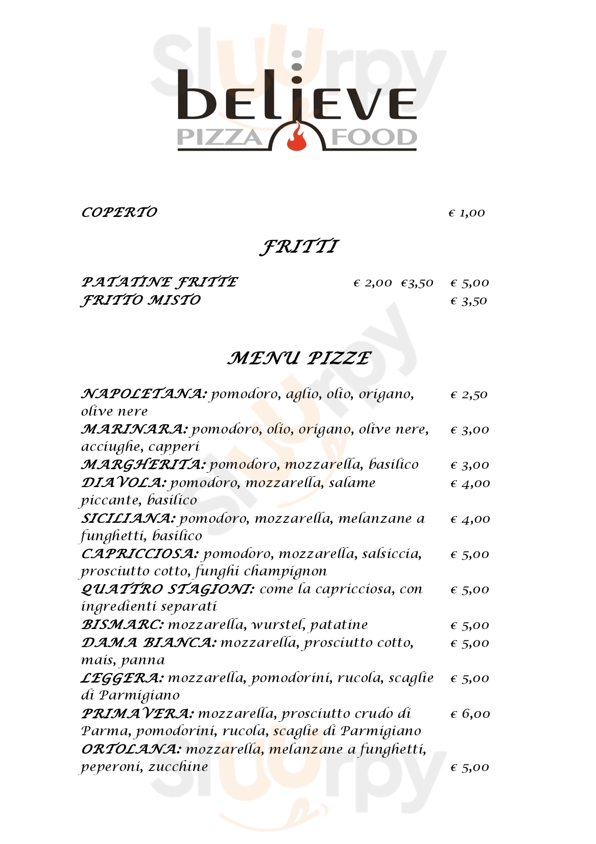 Believe Pizza Food Baronissi menù 1 pagina