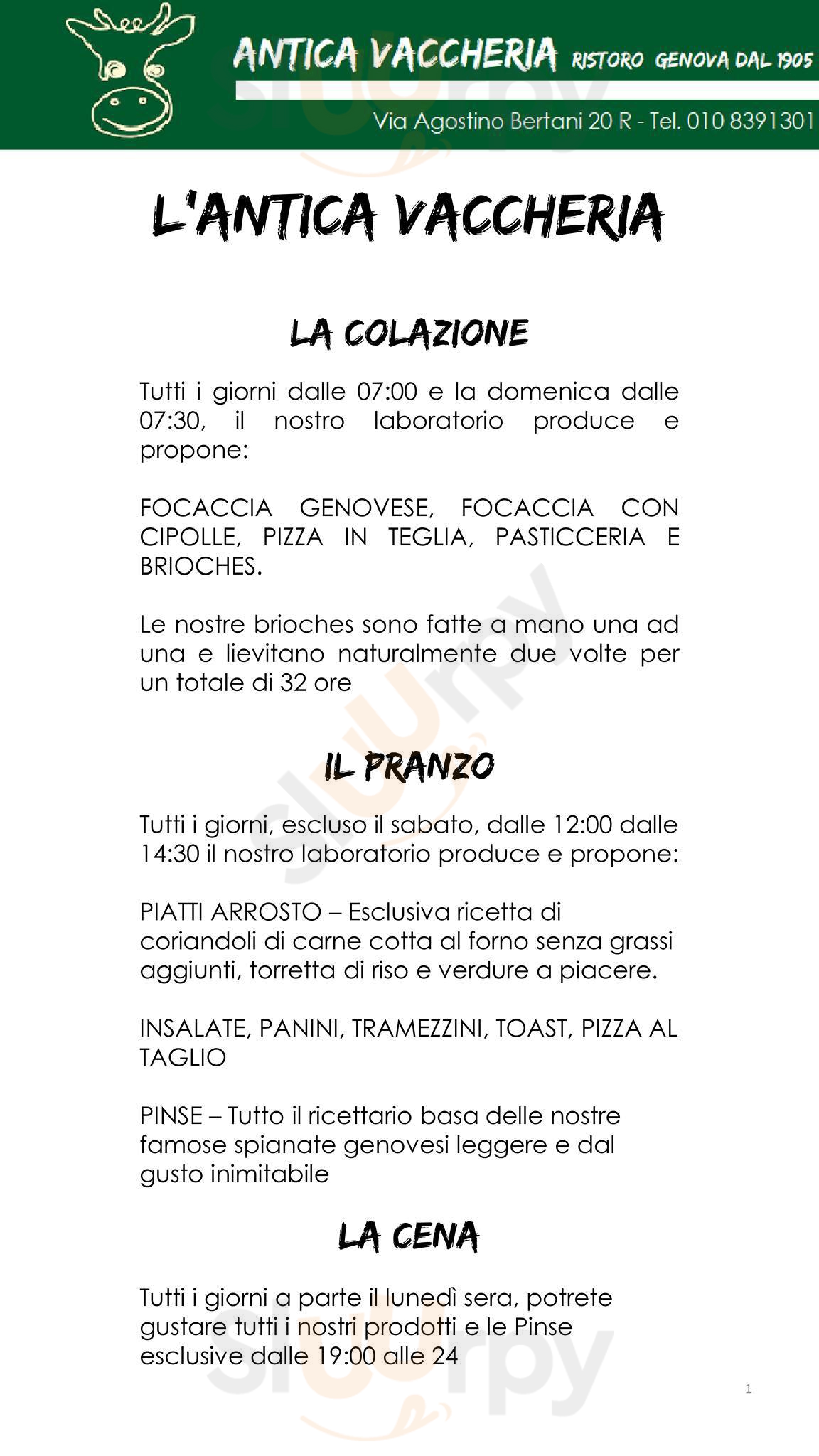 Antica Vaccheria Genova menù 1 pagina