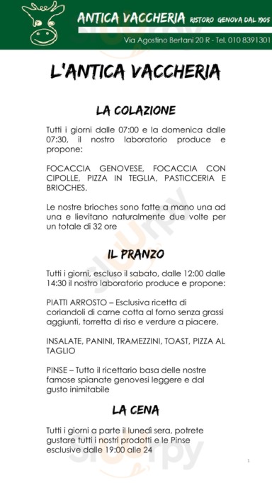 Antica Vaccheria, Genova menu
