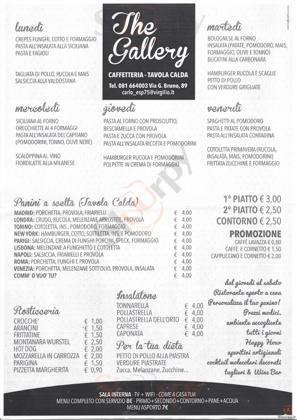 THE GALLERY Napoli menù 1 pagina