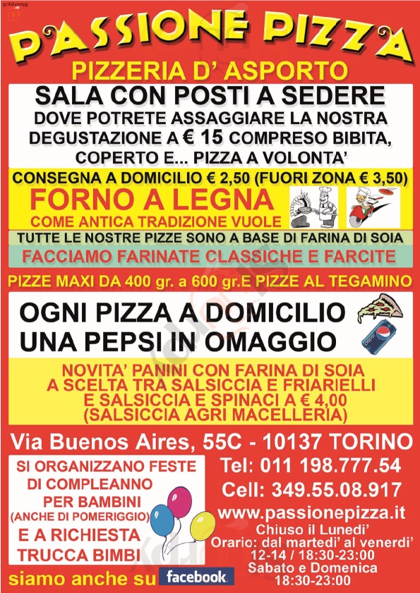 PASSIONE PIZZA Torino menù 1 pagina