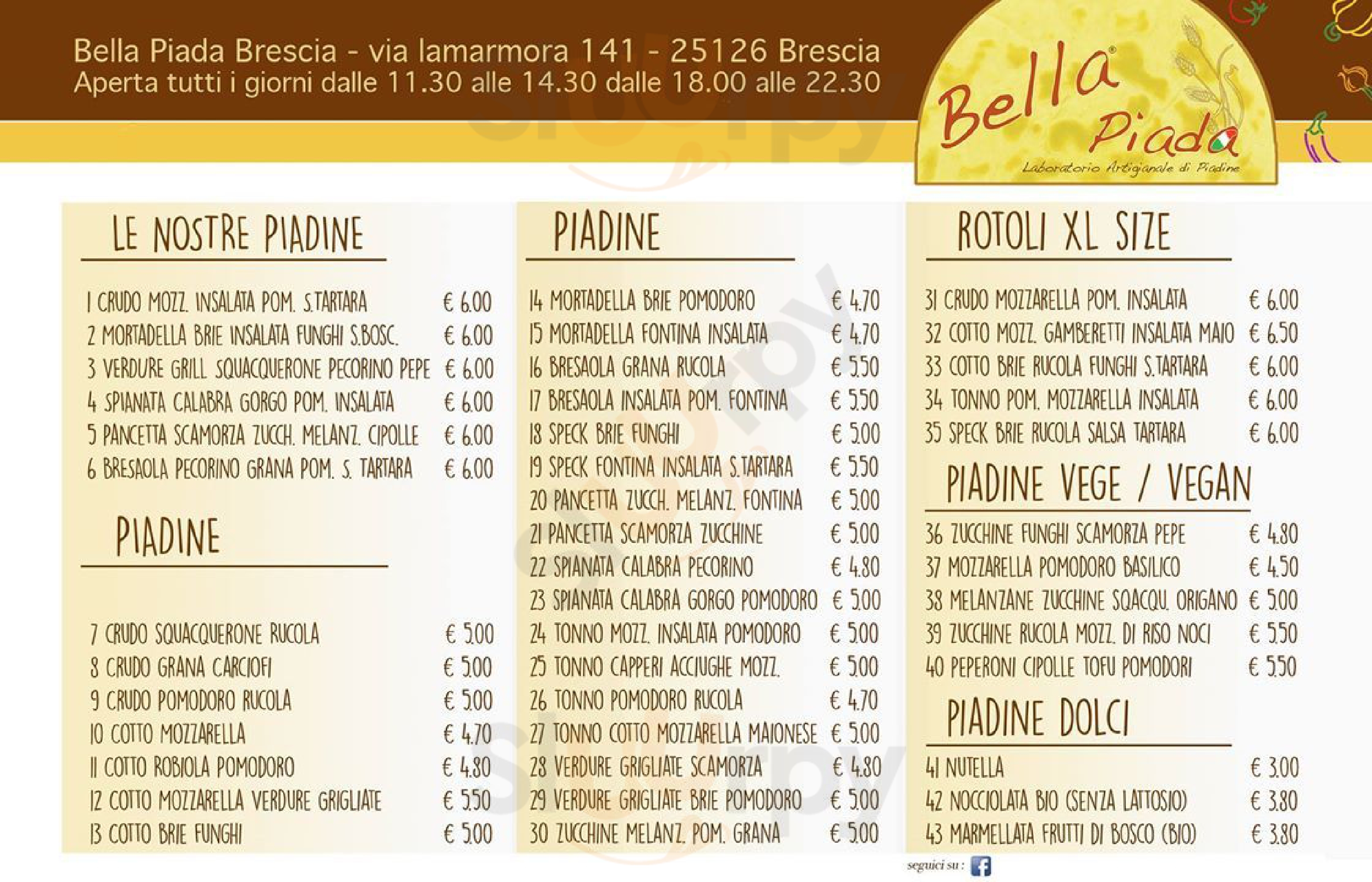 Bella Piada Brescia menù 1 pagina