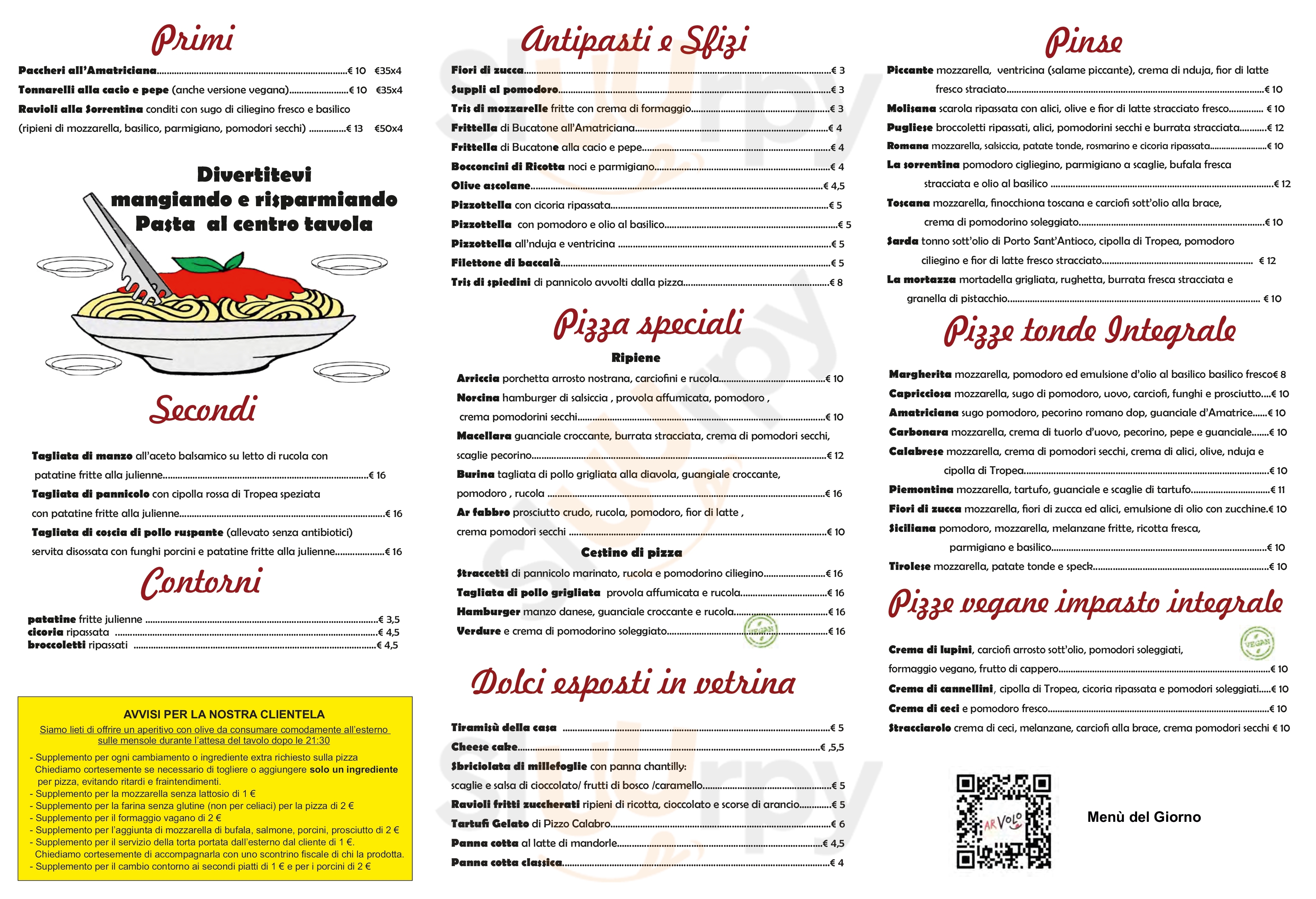 Ristorante Pizzeria ArVolo Roma menù 1 pagina