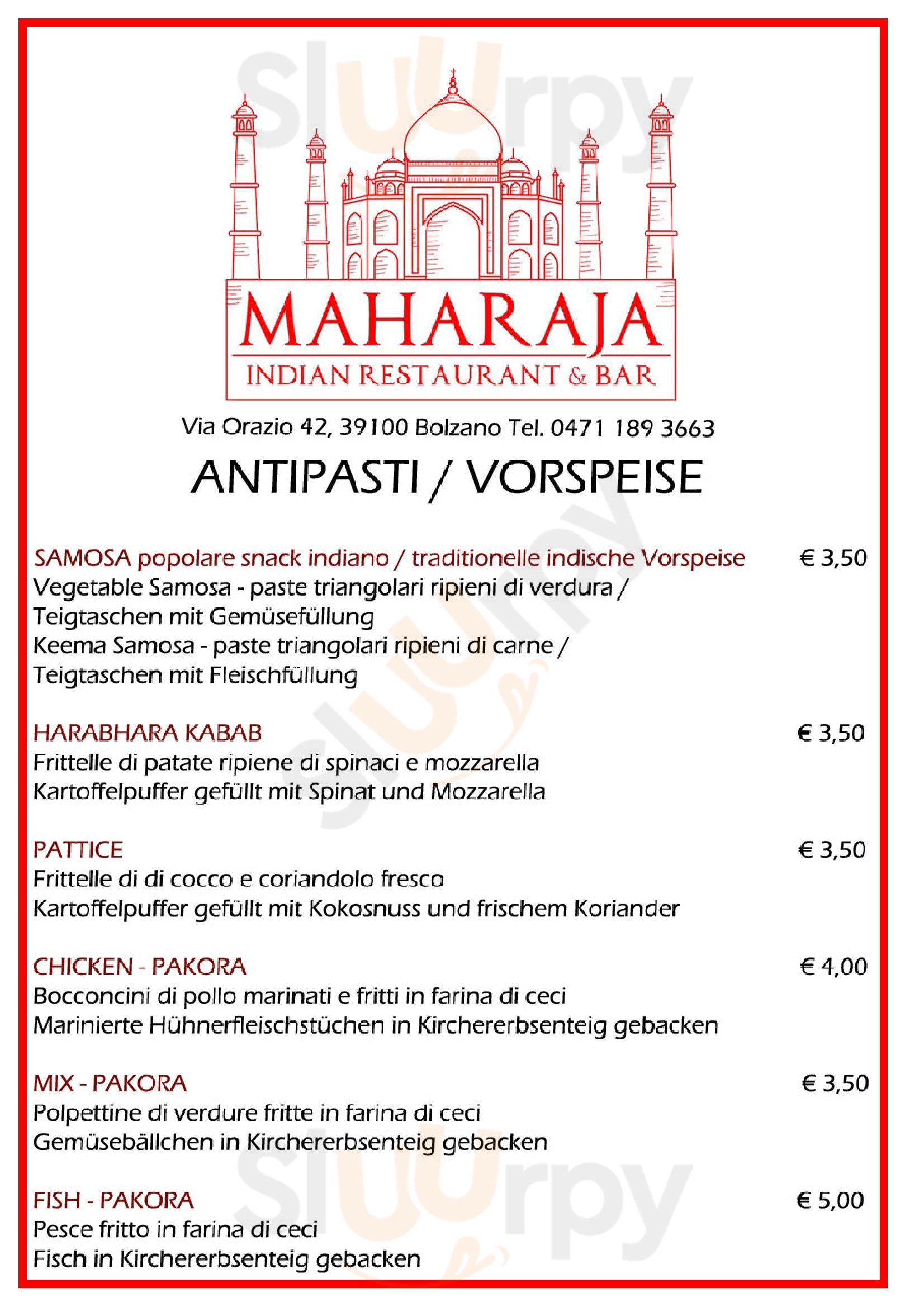 Maharaja Indian Restaurant & Bar Bolzano menù 1 pagina