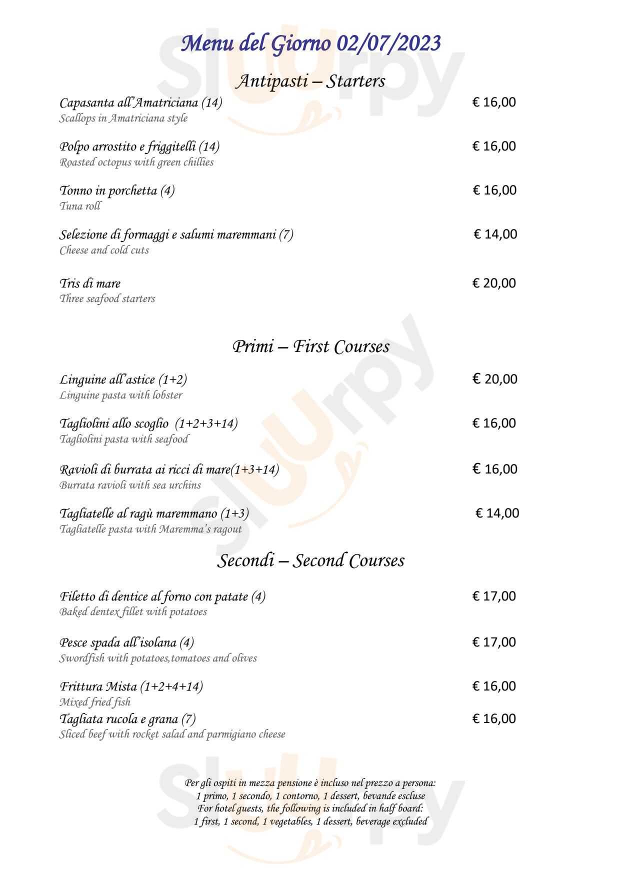 Ristorante Baia d'Argento Monte Argentario menù 1 pagina