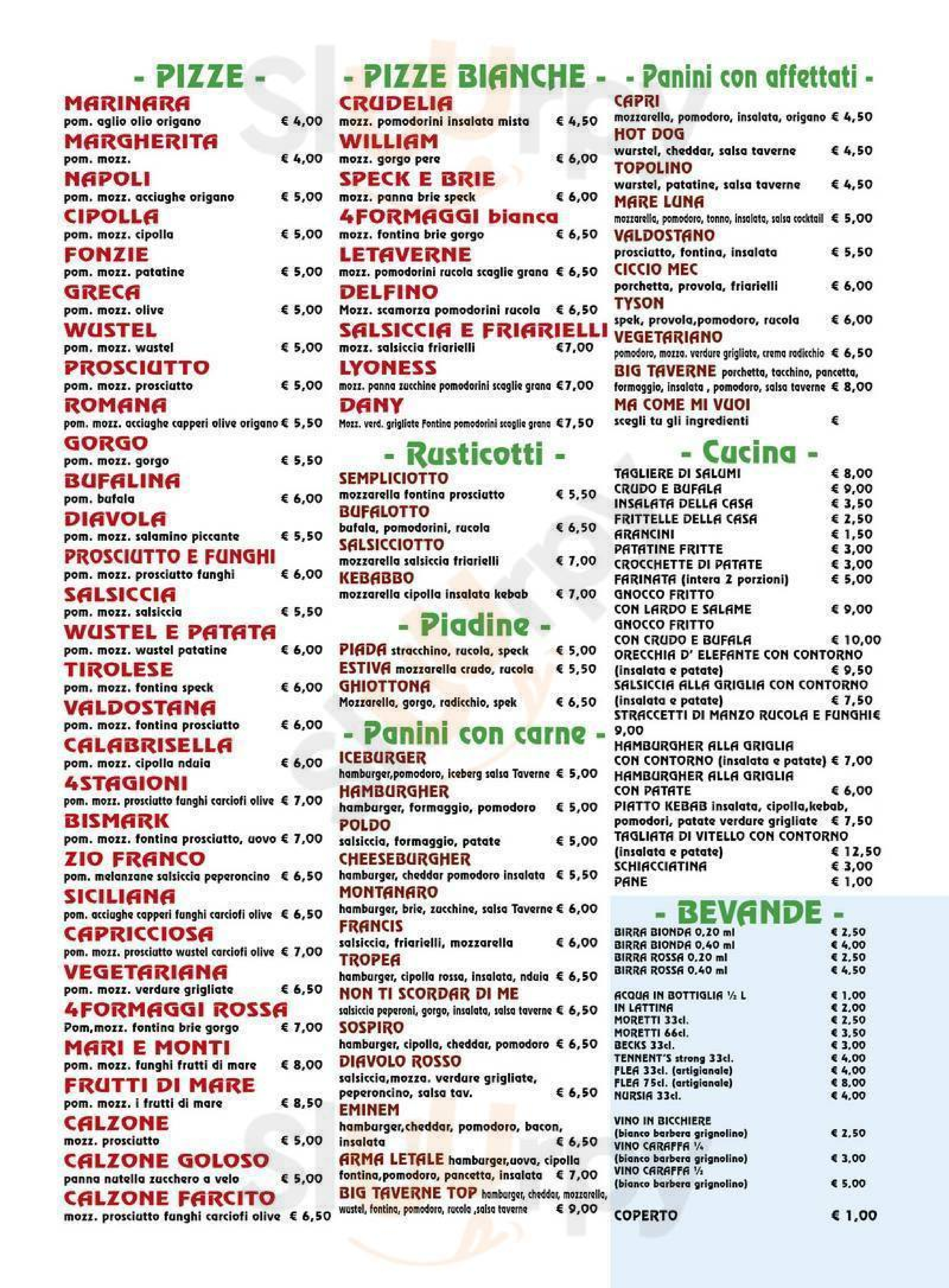 Le Taverne Villafranca d'Asti menù 1 pagina