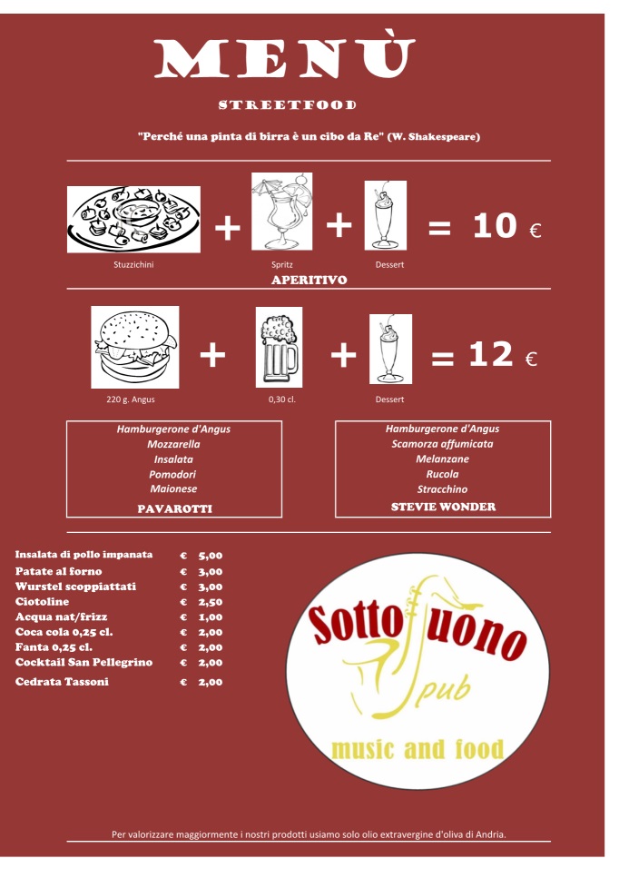 SOTTOSUONO MUSIC AND FOOD Andria menù 1 pagina