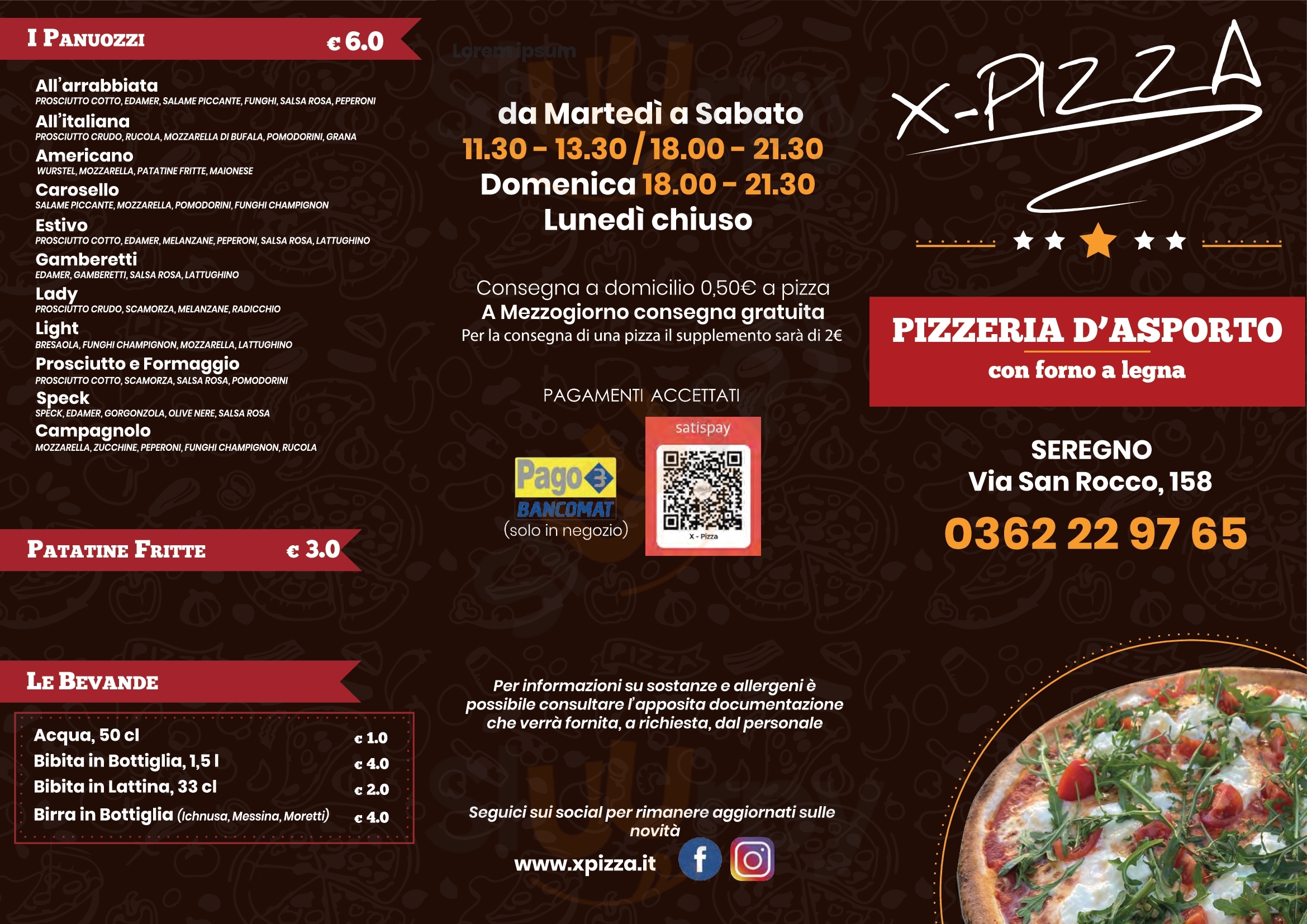 X-Pizza Seregno menù 1 pagina