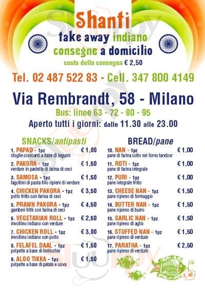 SHANTI TAKE AWAY INDIANO Milano menù 1 pagina
