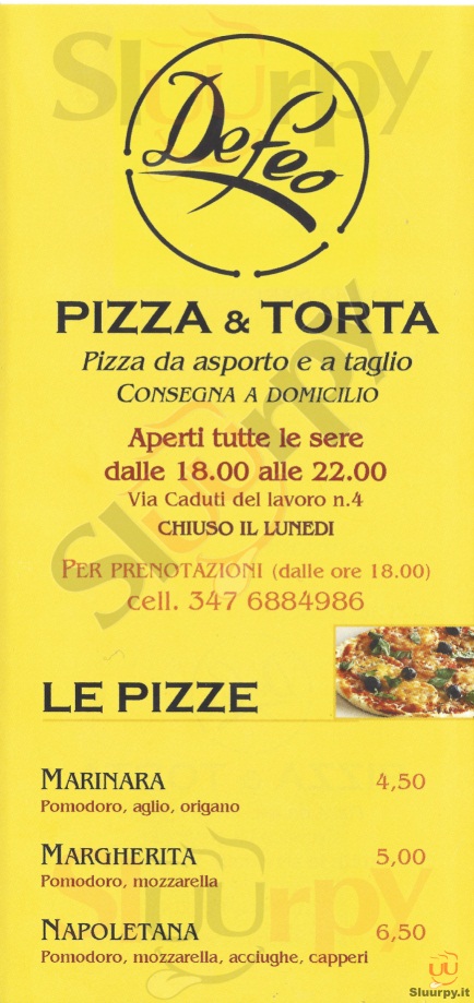 DEFEO PIZZA & TORTA Livorno menù 1 pagina